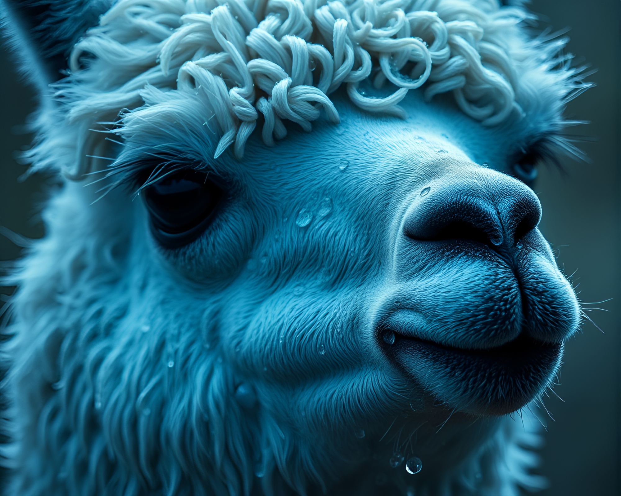 Mesmerizing Llama in Steel-Blue Water Droplets – free AI stock image