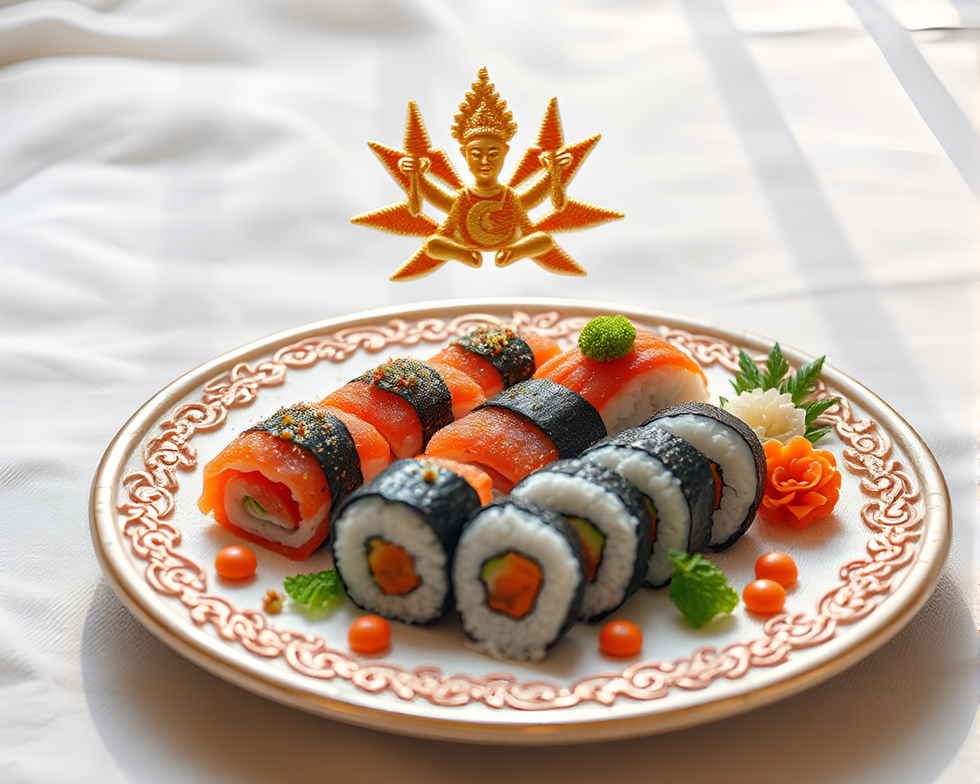 Ethereal Sushi Platter with Embroidered Details and God Rays – free AI stock image