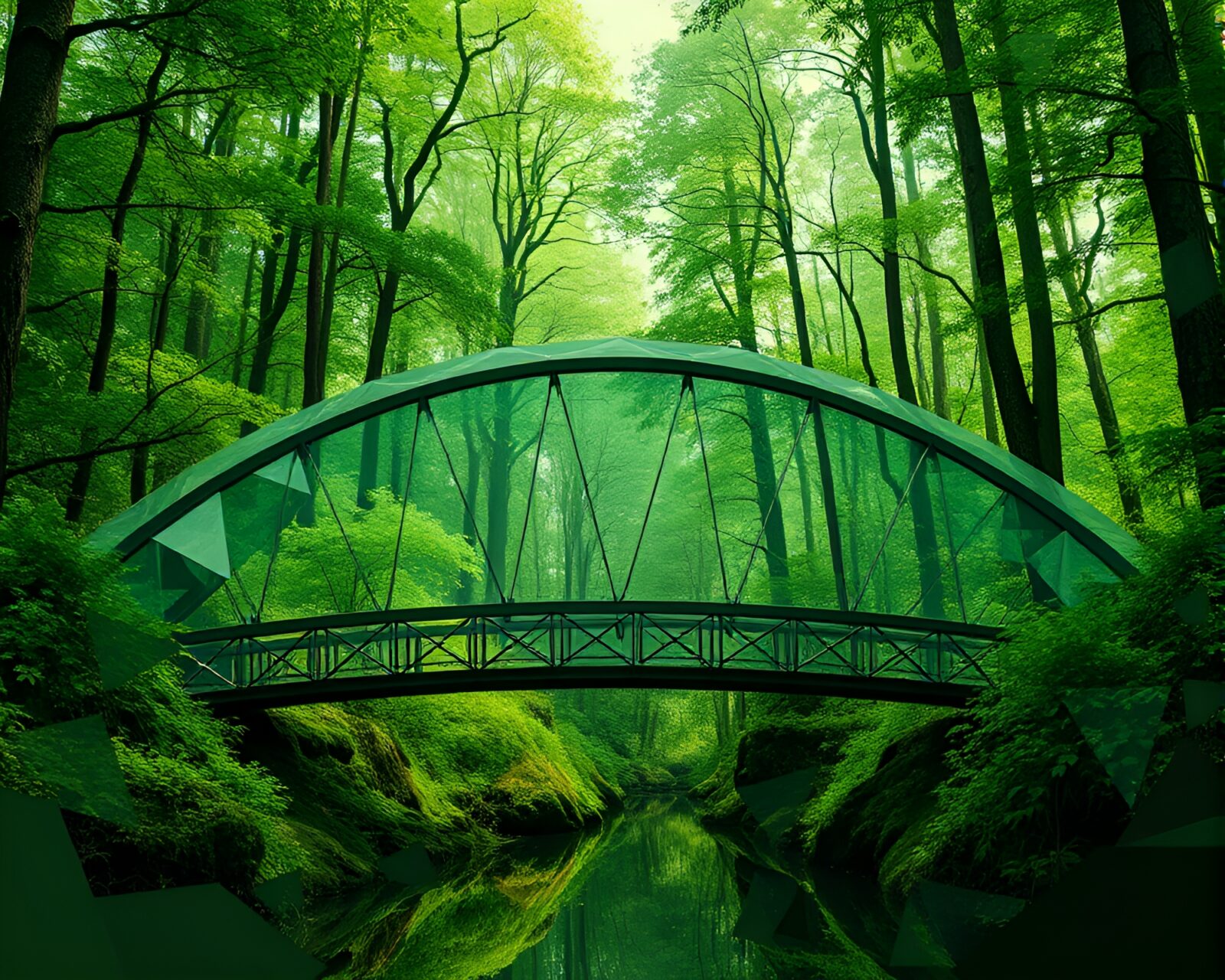 Geometric patterns in a glass bridge surrounded by greenery