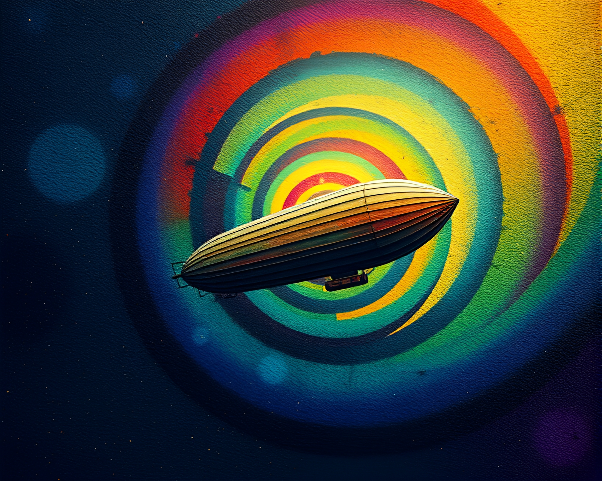 Zeppelin navigating cosmic Fibonacci spiral under rainbow light – free AI stock image