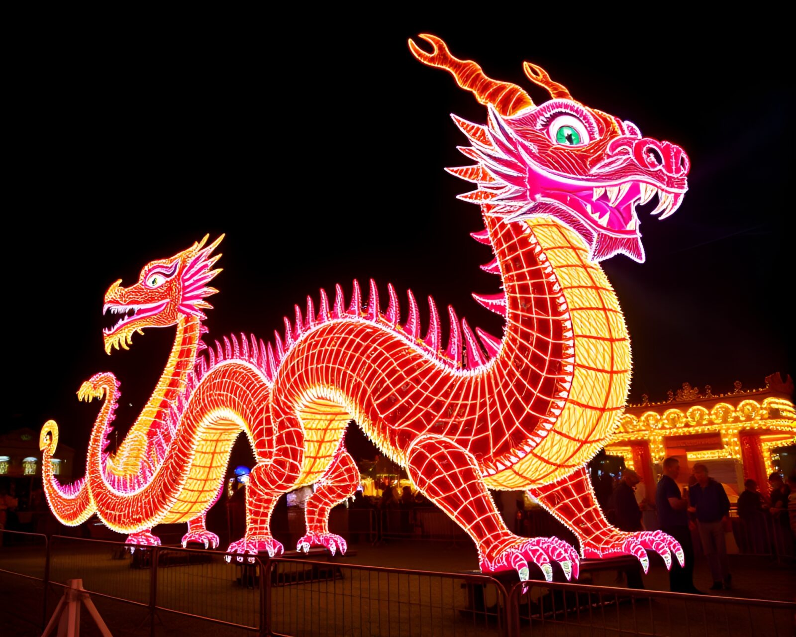 Vibrant dragon made of carnival lights in motion