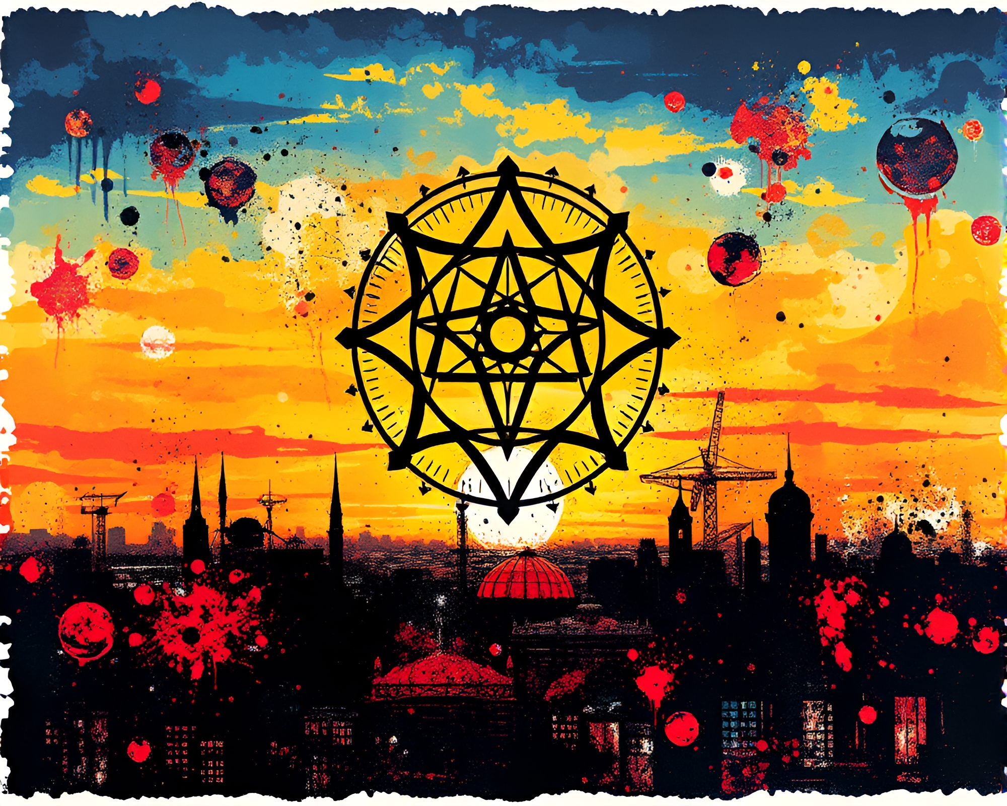 Esoteric Sunset Splatter: Ink Sigils – free AI stock image
