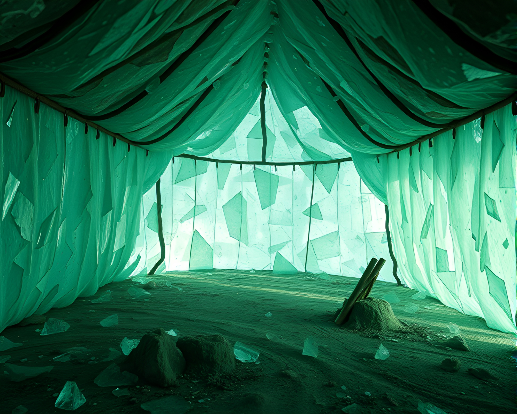 Shattered Reflections: Mint Green Mud Hut Mirage – free AI stock image