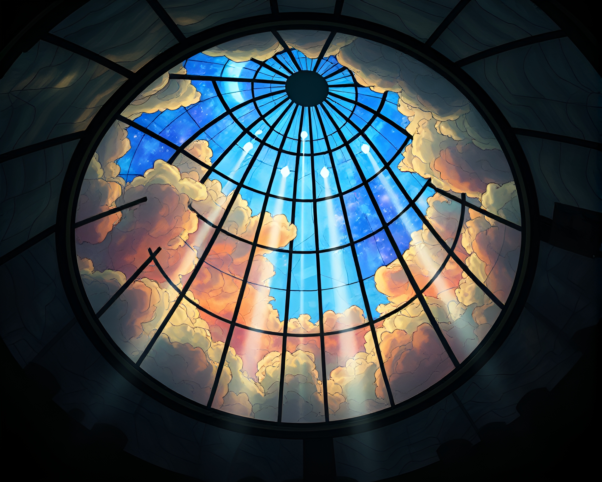 Fantasy Stained Glass Dome with Dreamy Cloud Formations – free AI stock image