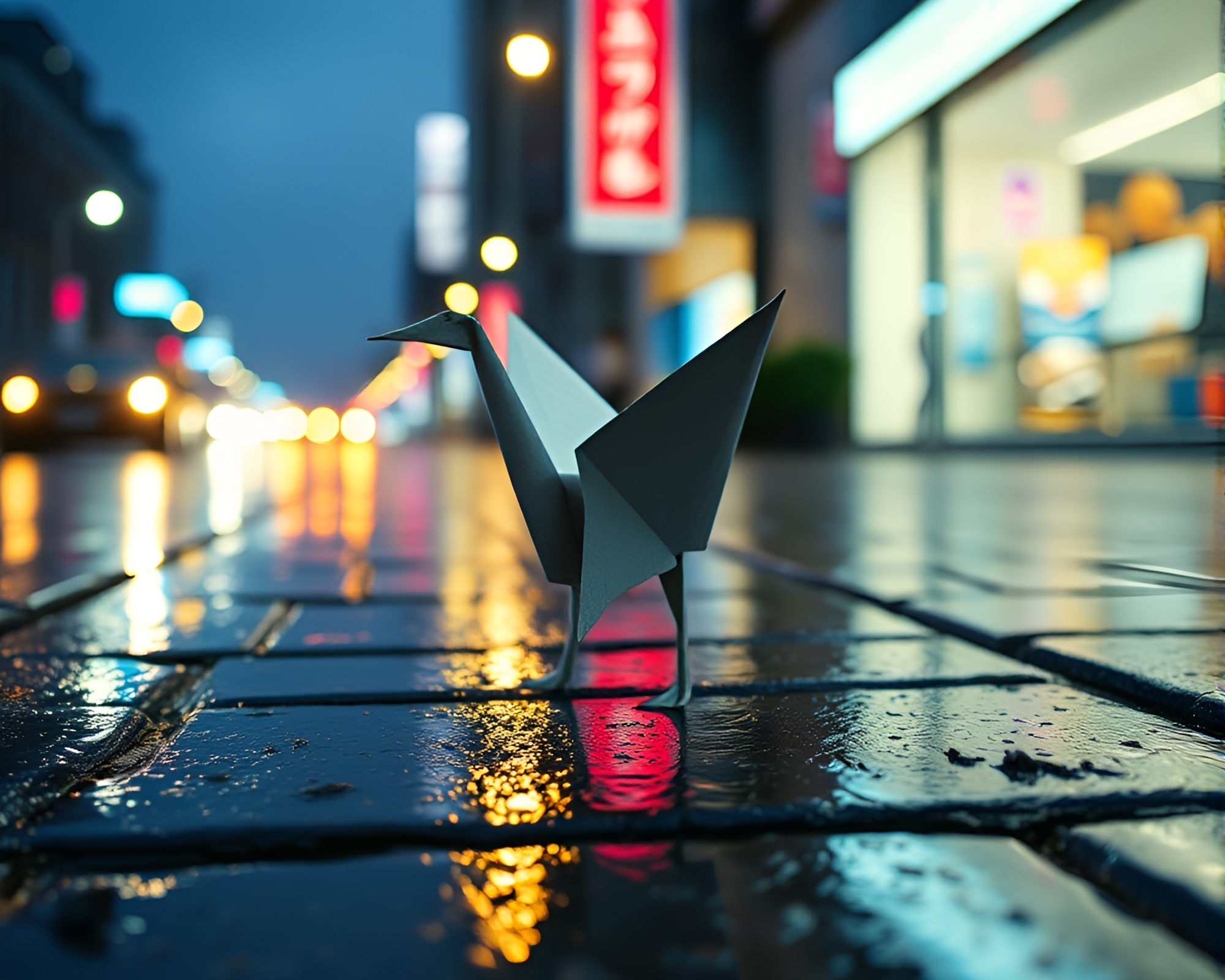 Origami Crane on Wet Pavement with VHS Distortion – free AI stock image