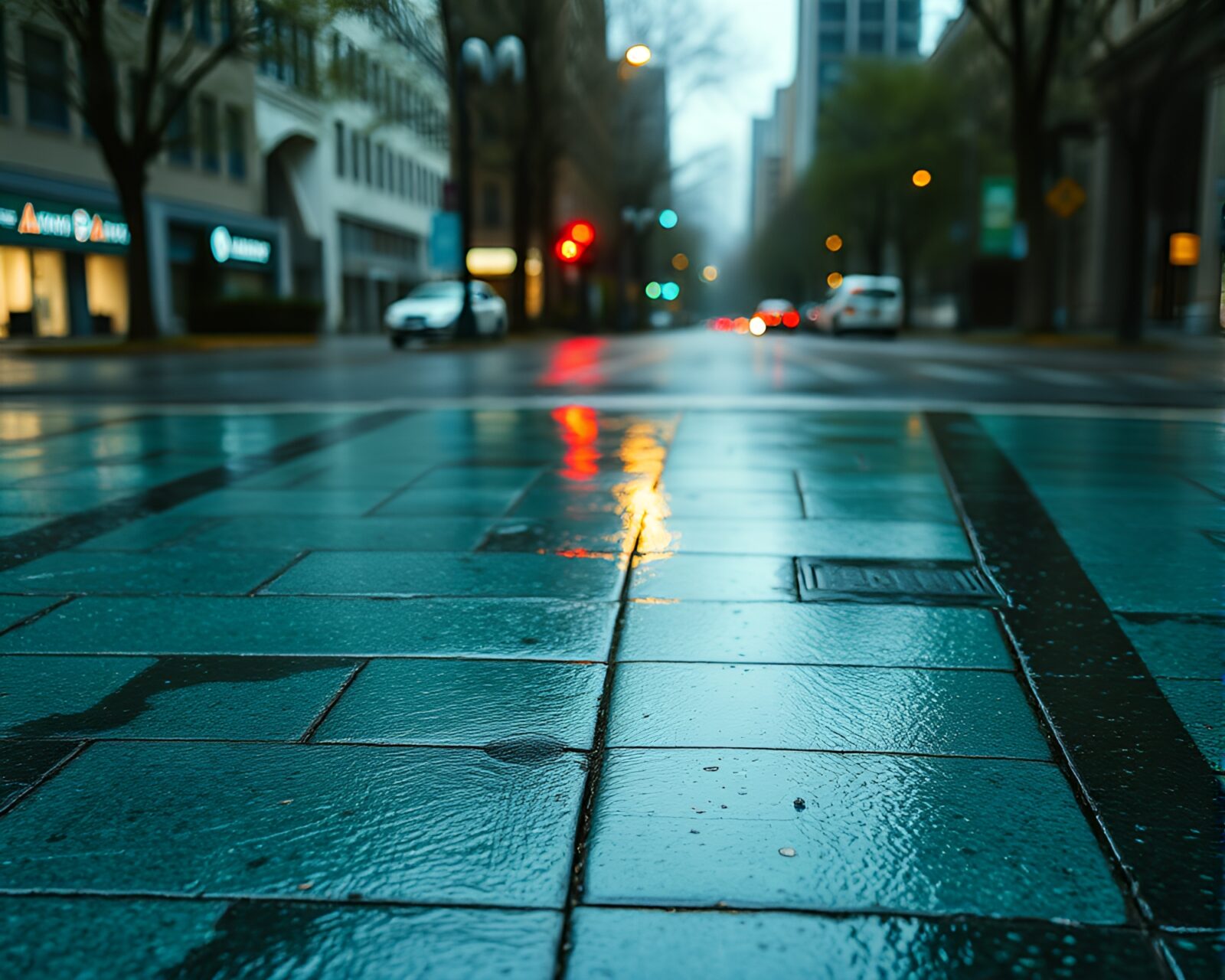 Android standing on wet pavement in serene teal lighting