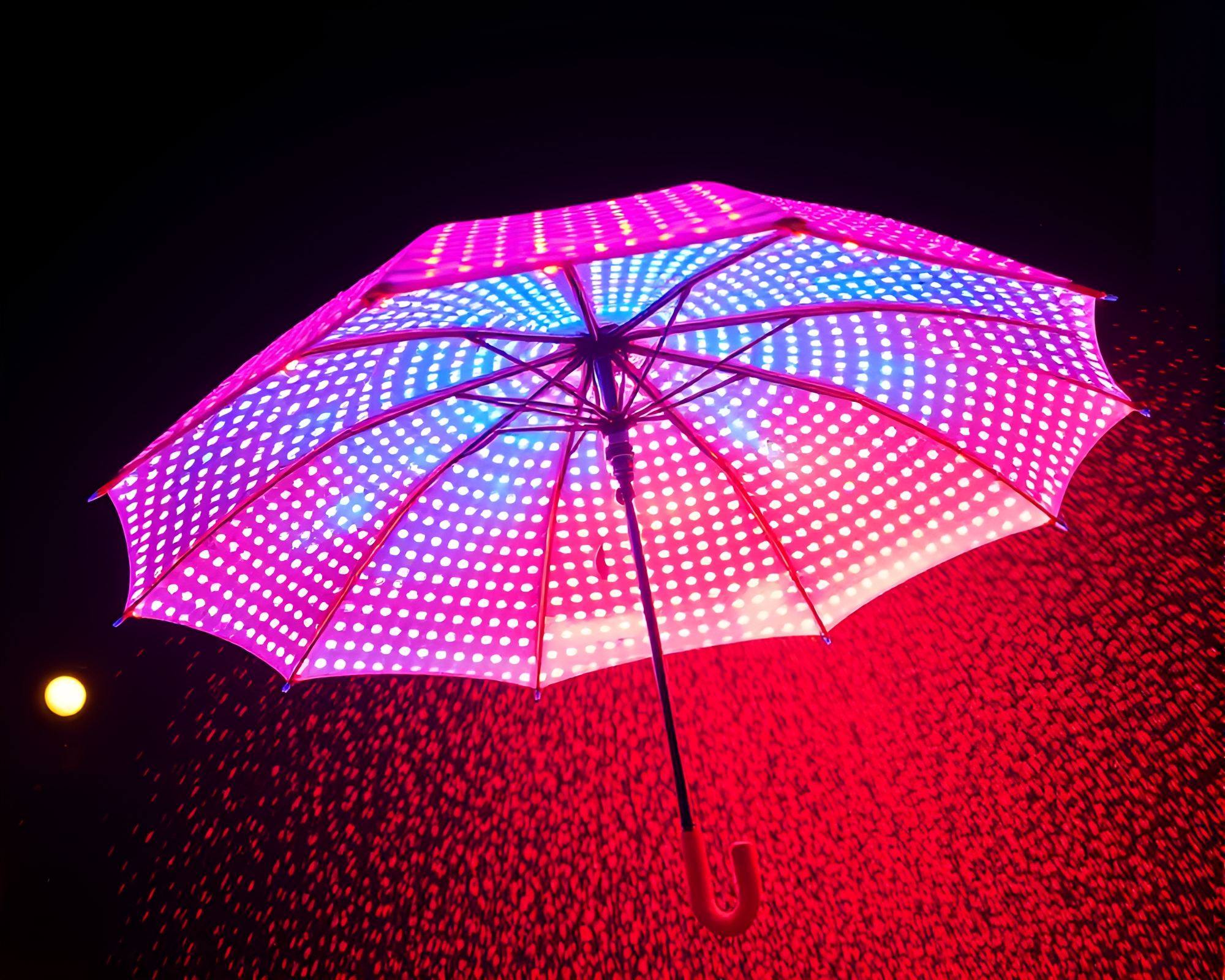 Neon-Lit Umbrella in Peachy Glow Pixel Grid – free AI stock image