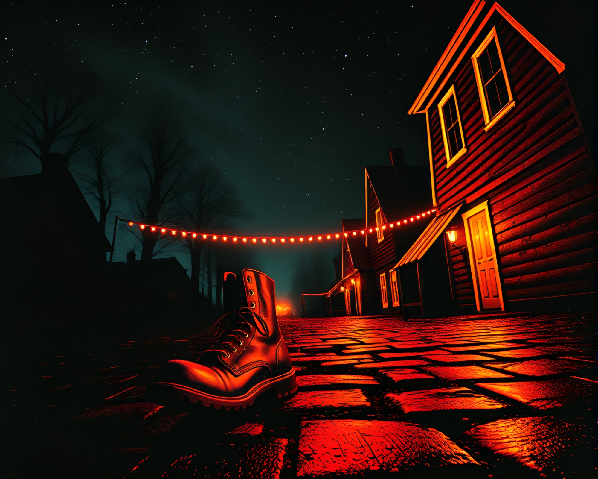 Surreal Gravity Boots Glow in Dutch Angle Woodcut – free AI stock image