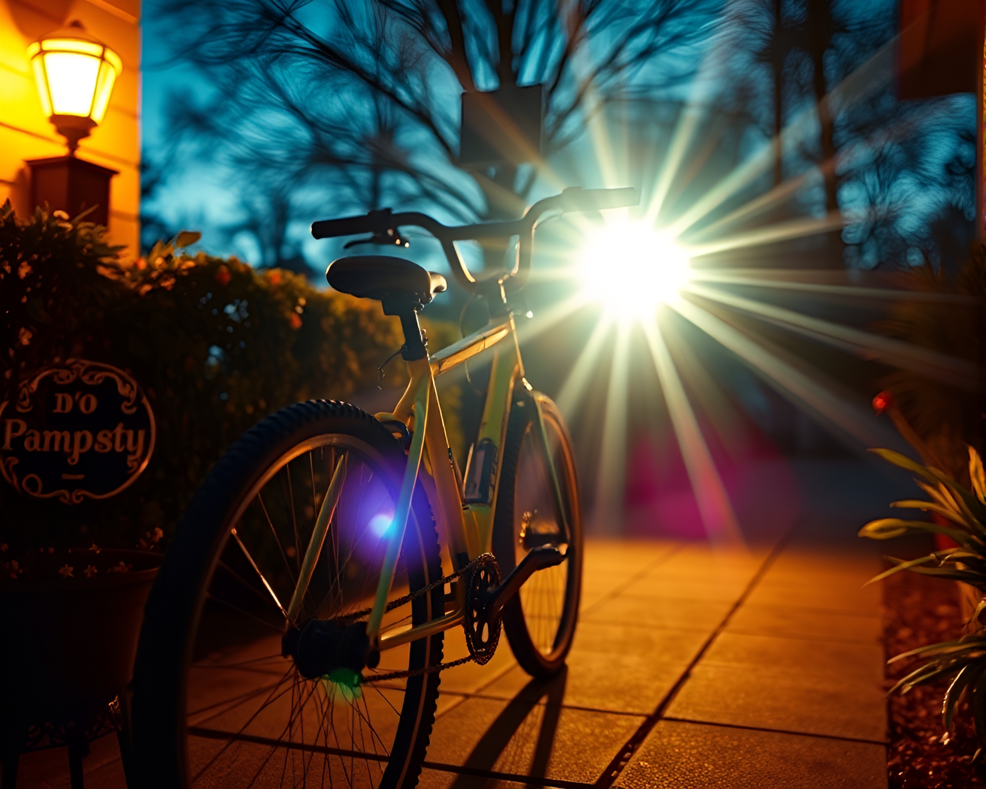 Solar-Powered Bike Bathed in Porch Light Lens Flare – free AI stock image