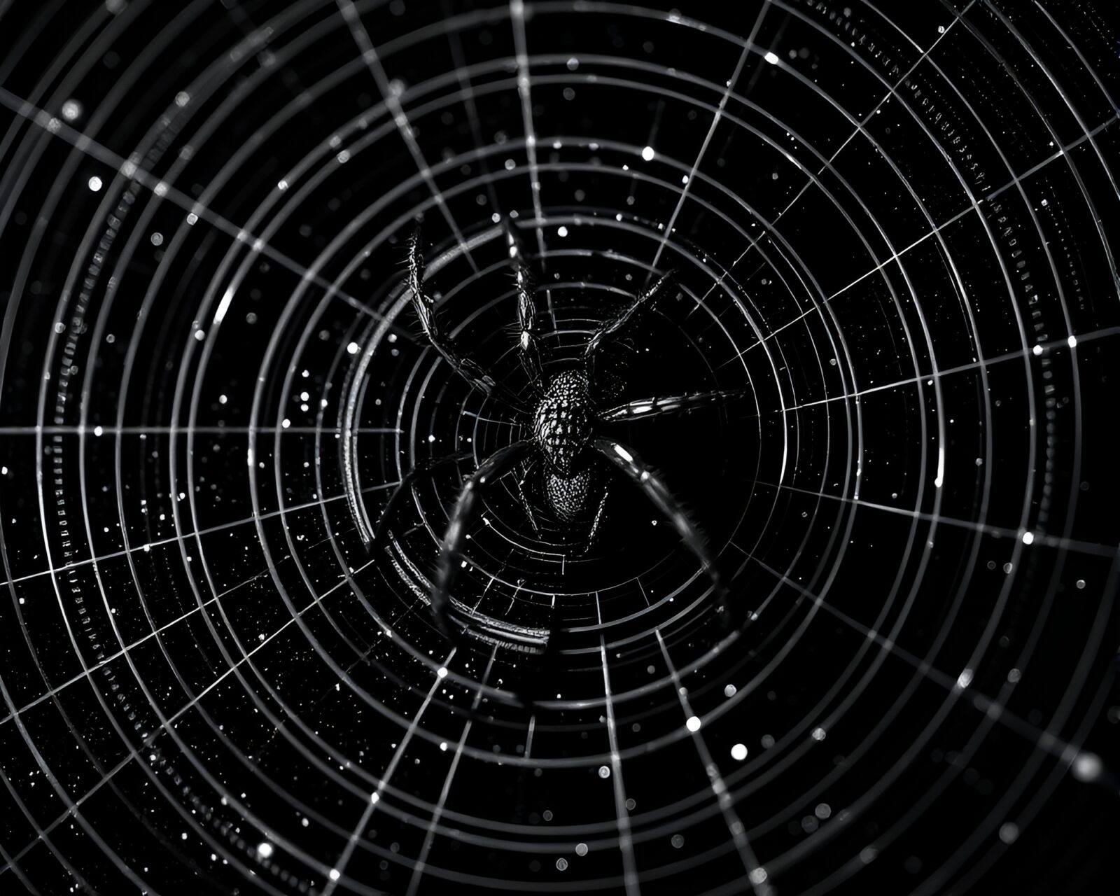 Black and white image of a stunning mechanical spider surrounded by glitter dust concentric circles