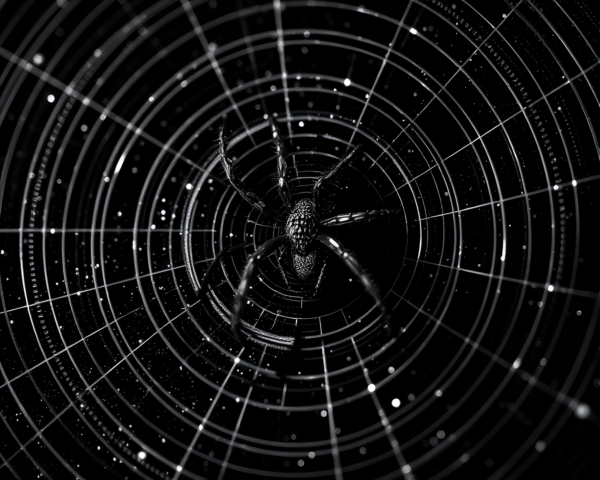 Mechanical Spider in Glittering Concentric Circle Web – free AI stock image