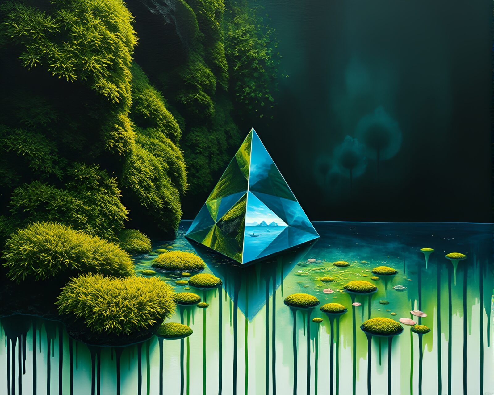 Dripped paint styled sea plane amidst vibrant moss growth