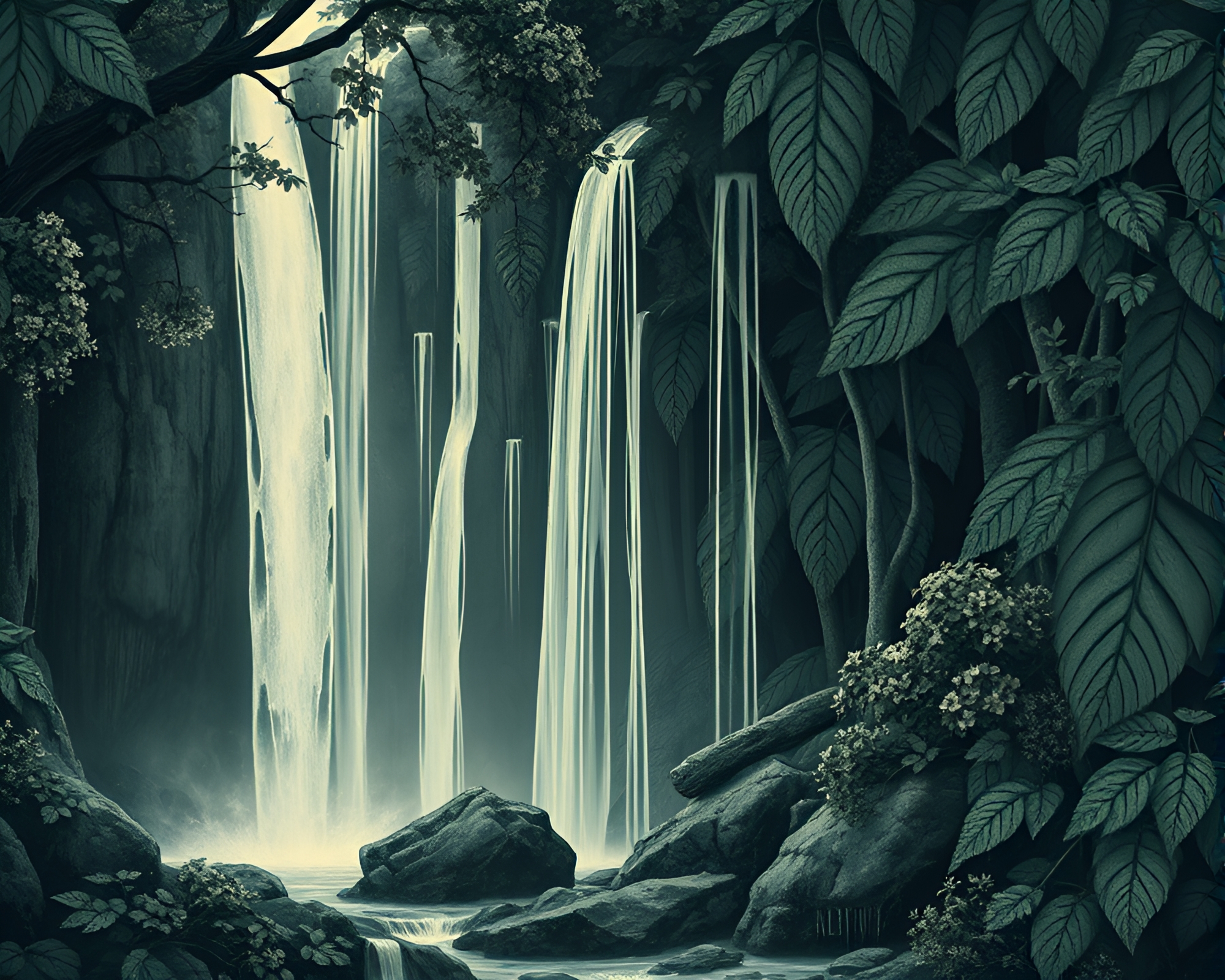 Steampunk Waterfall with Leaf Vein Patterns – free AI stock image