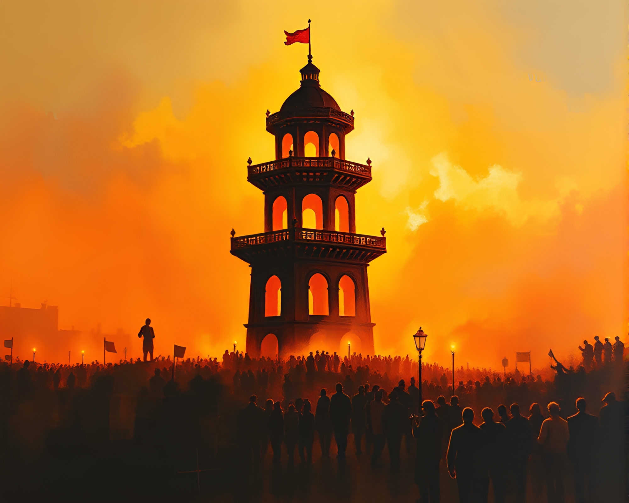 Tower Silhouette Crowd in Golden Hour Tempera Painting – free AI stock image