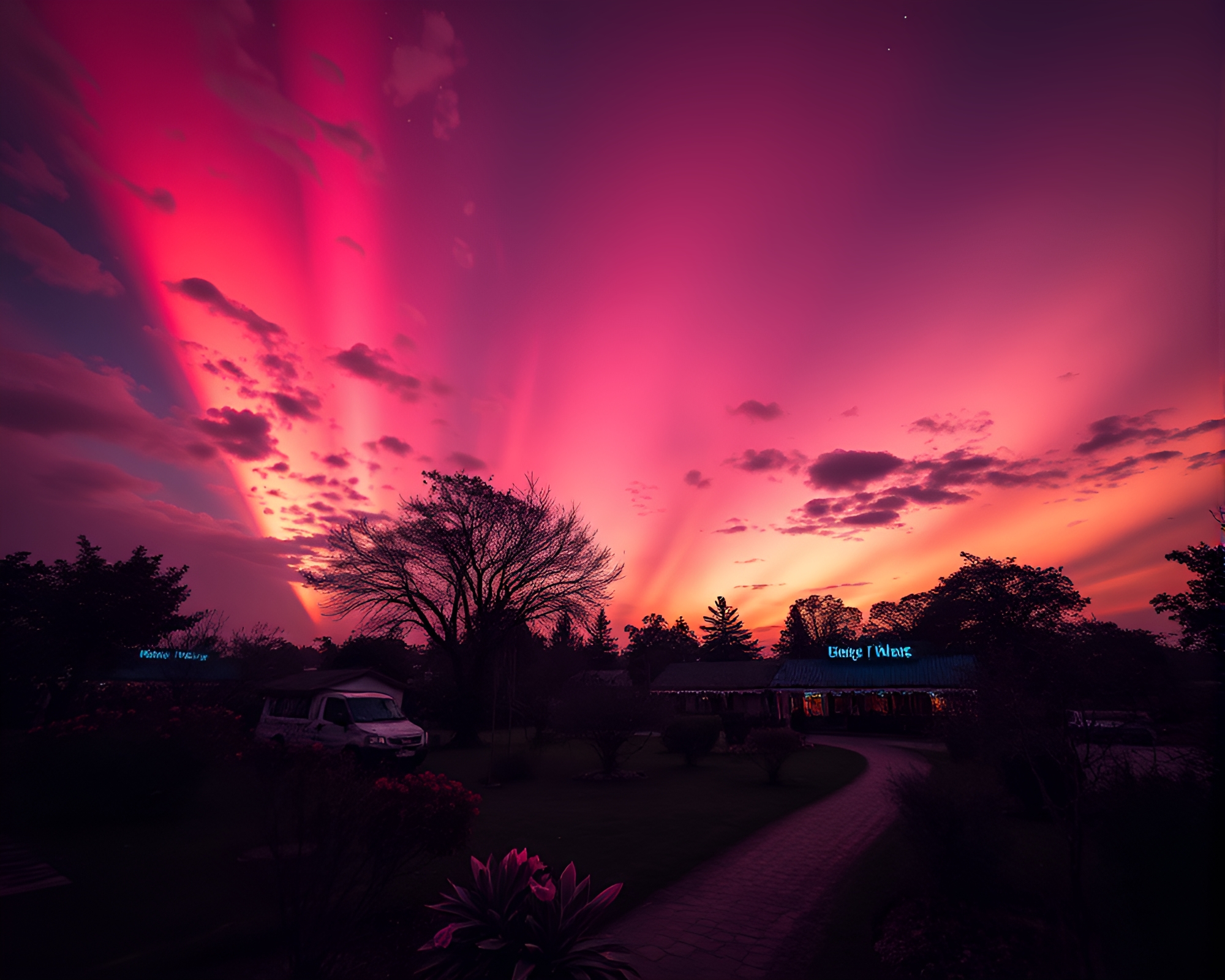 Neon-Reflecting Sky Garden in Aurora Hues – free AI stock image