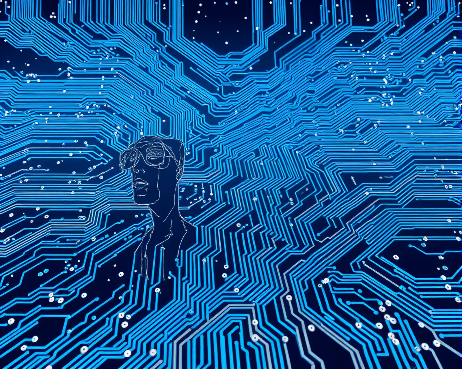 Sparse, icy landscape with glowing circuit board traces