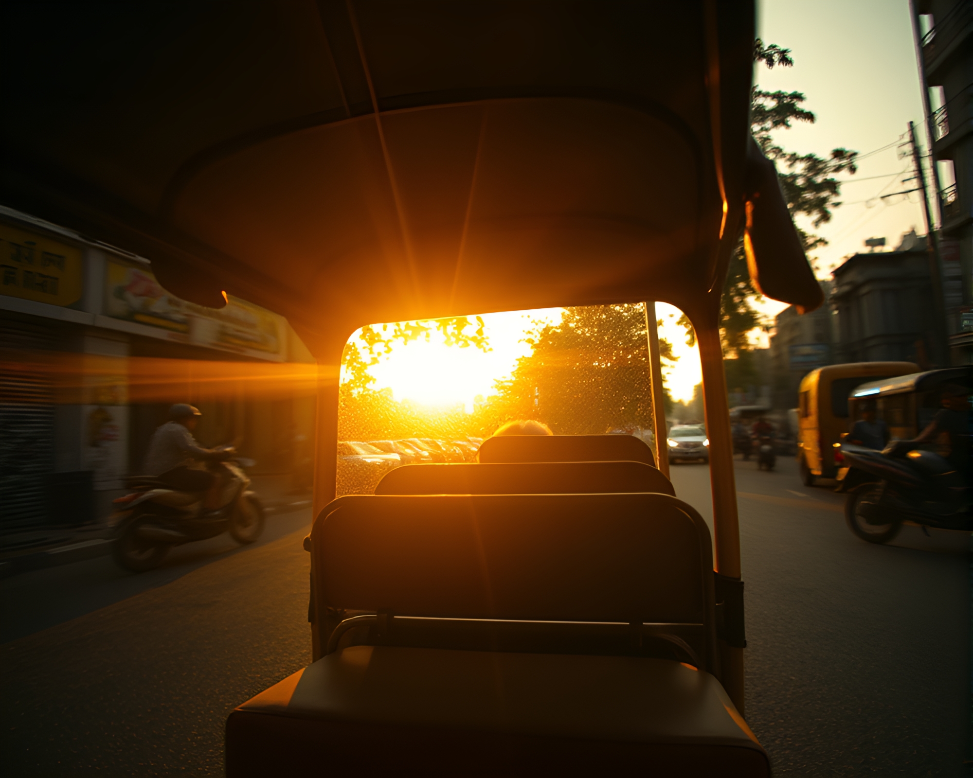 Golden Hour Rickshaw Ride Through Cross-Processed Streets – free AI stock image
