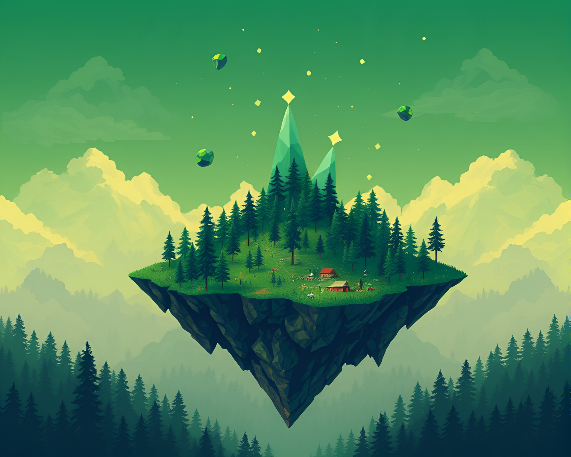Enchanting Floating Forest Island in 16-Bit Kaleidoscope – free AI stock image