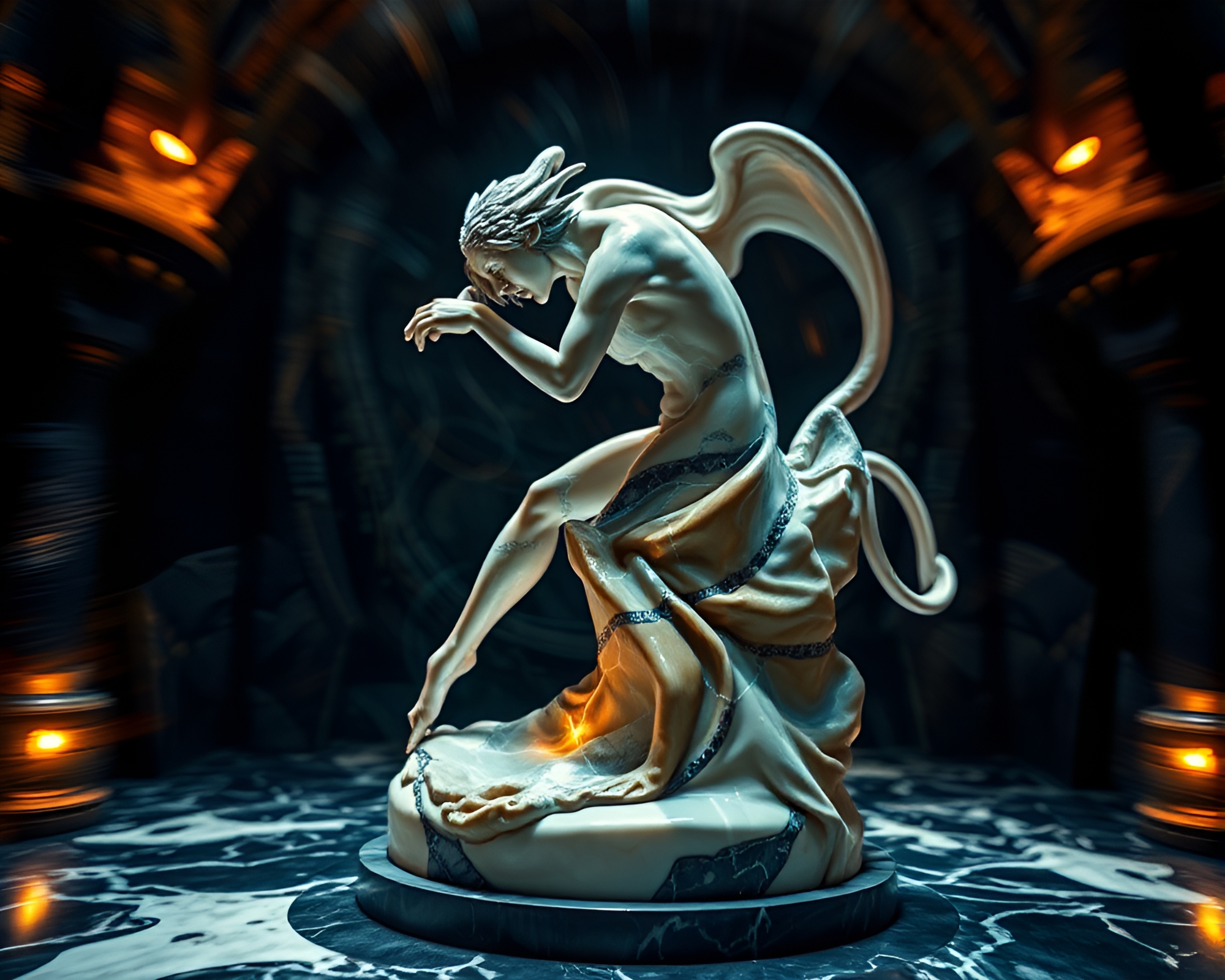 Ethereal Marble Statue in Dungeon Torchlight Glow – free AI stock image