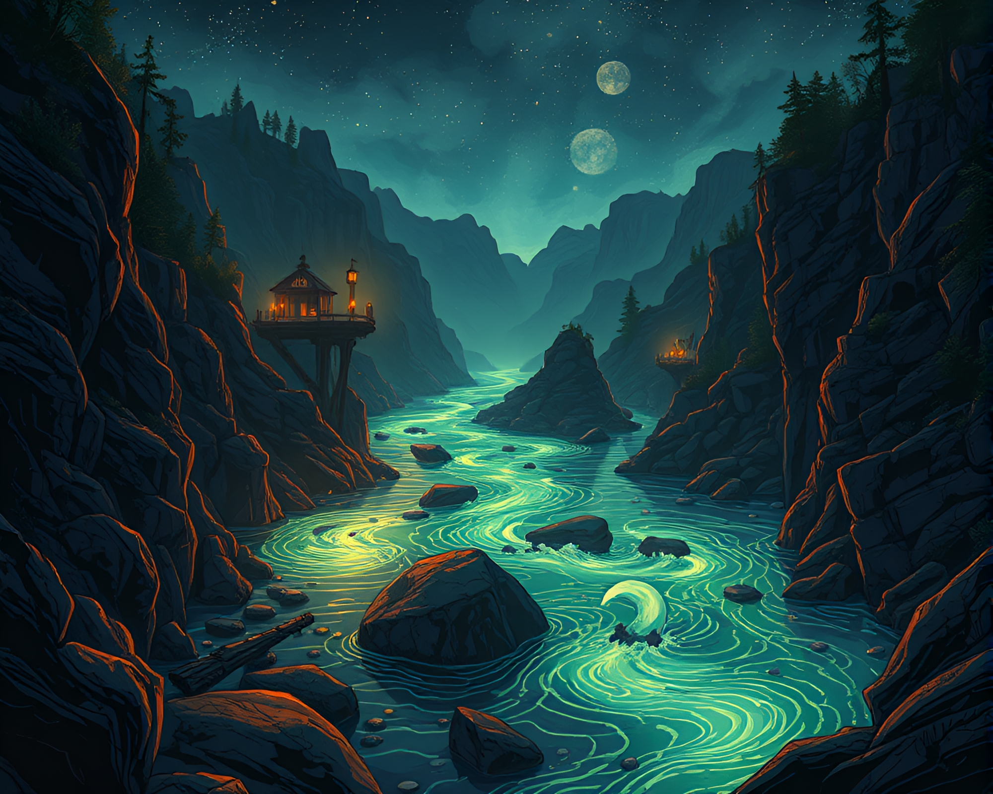 Steampunk Valley: Glowing Water Whirlpool Illustration – free AI stock image