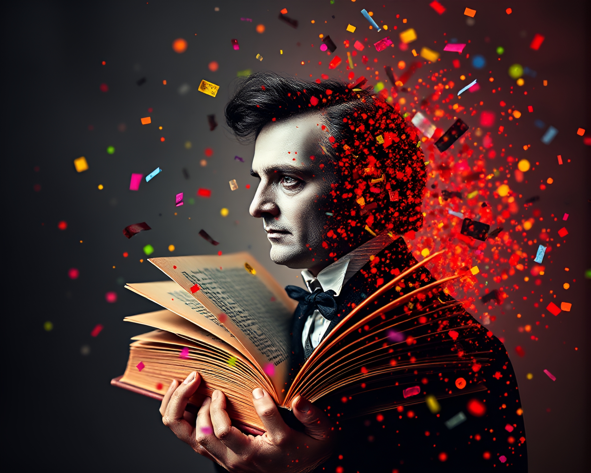 Edgar Allan Poe Double Exposure Contouring Confetti Burst – free AI stock image
