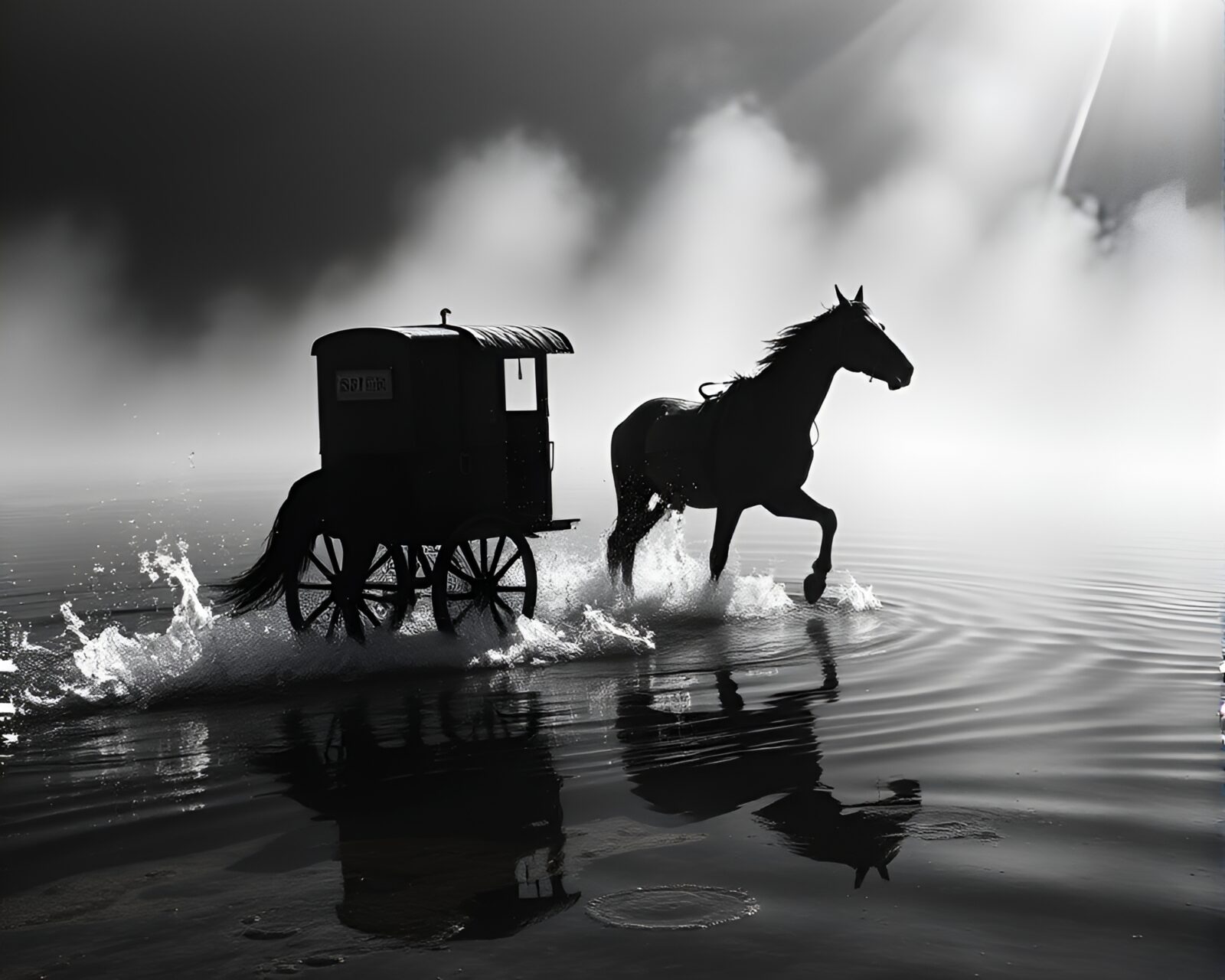 Stagecoach traversing watery distortion in surreal utopian landscape