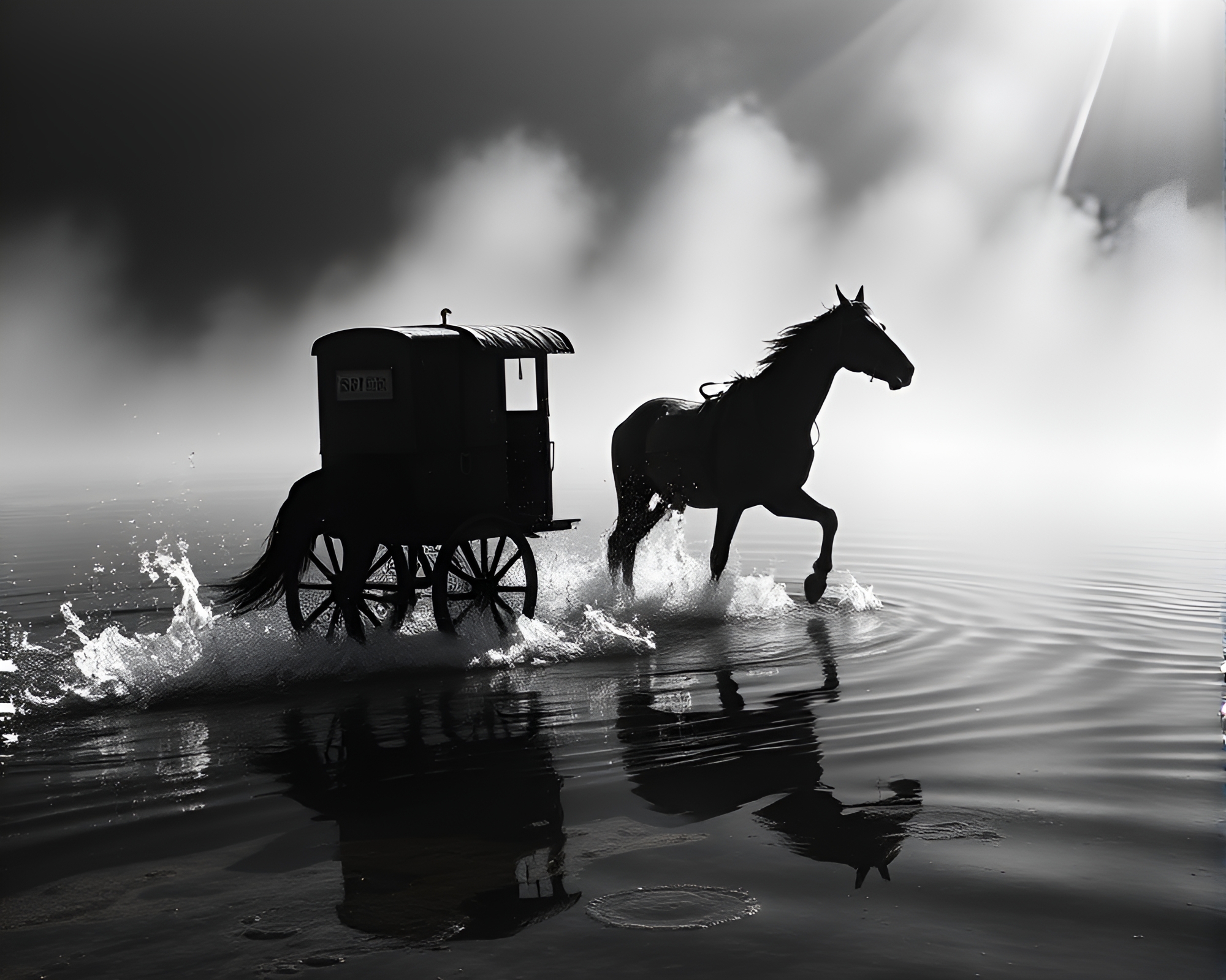 Vintage Stagecoach Crossing Distorted Water in Utopian Setting – free AI stock image