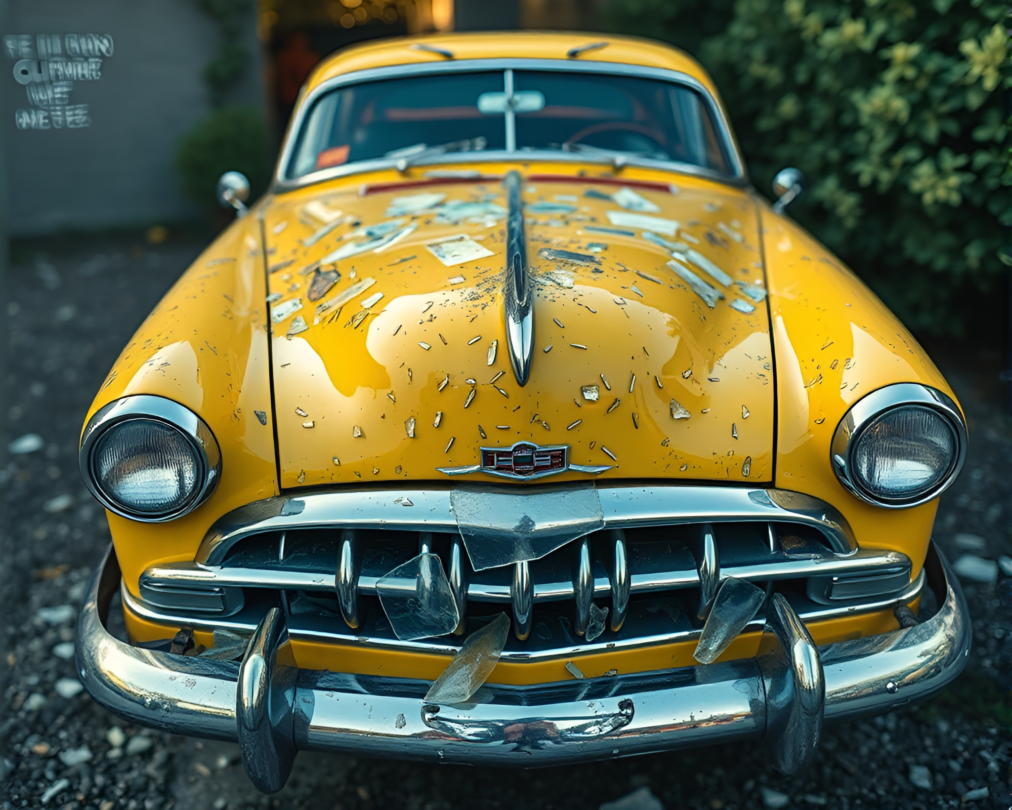 Vintage Car amidst Lemon Yellow Zing Glass Shards – free AI stock image