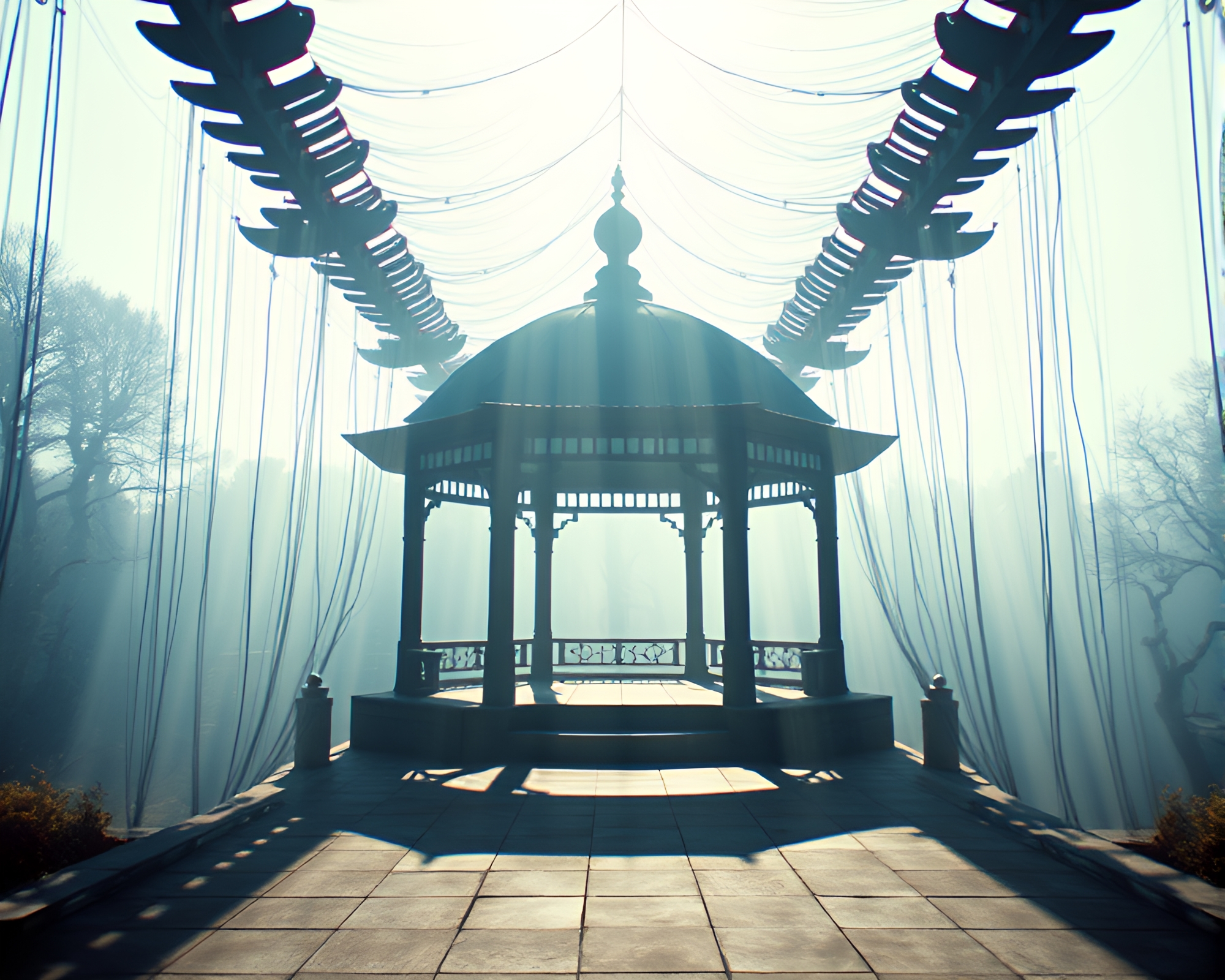 Fractal Floating Pavilion with Soft Shadows in 90s Grunge Style – free AI stock image