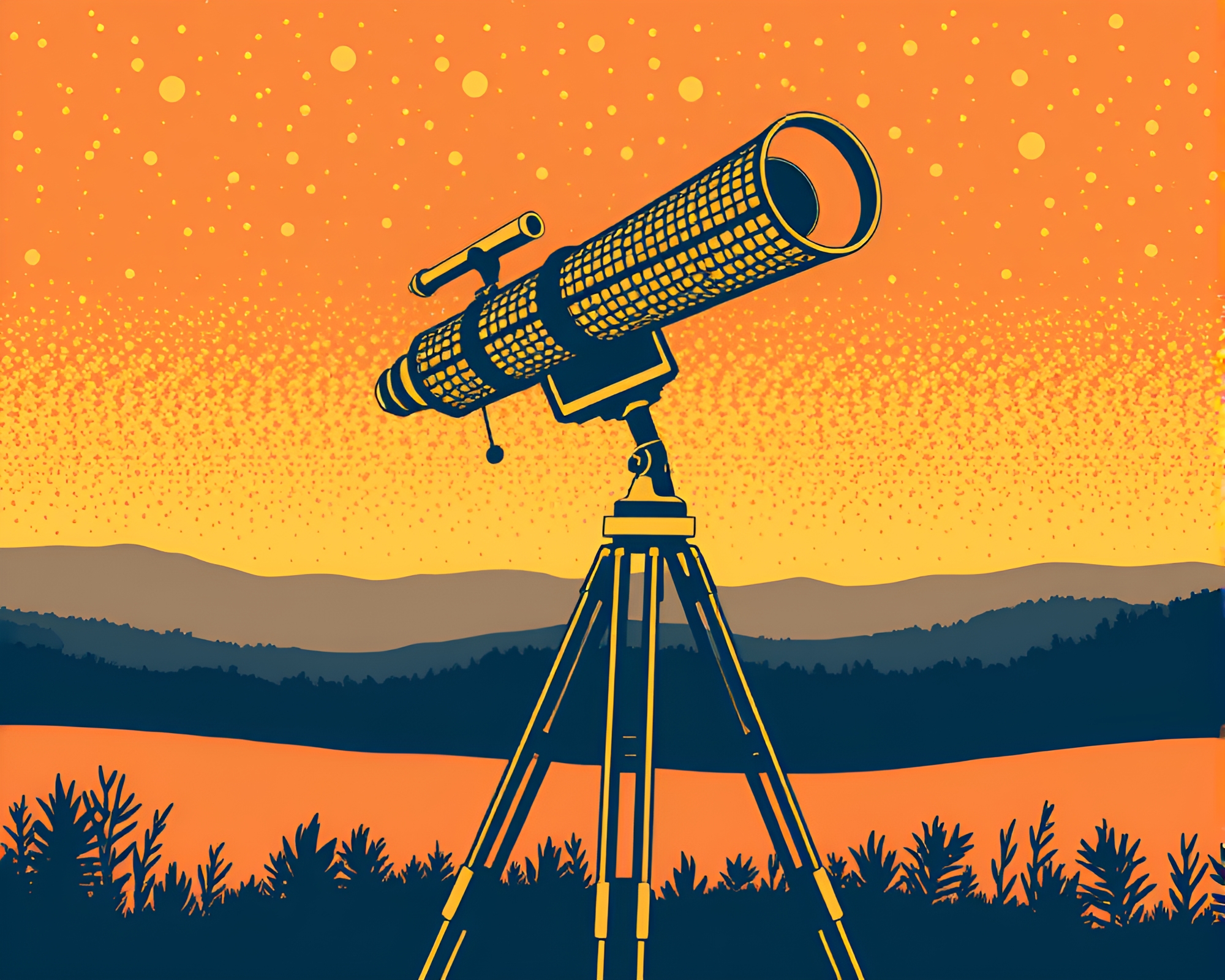 Retro Brass Telescope Screenprint Dots Pixel Art – free AI stock image