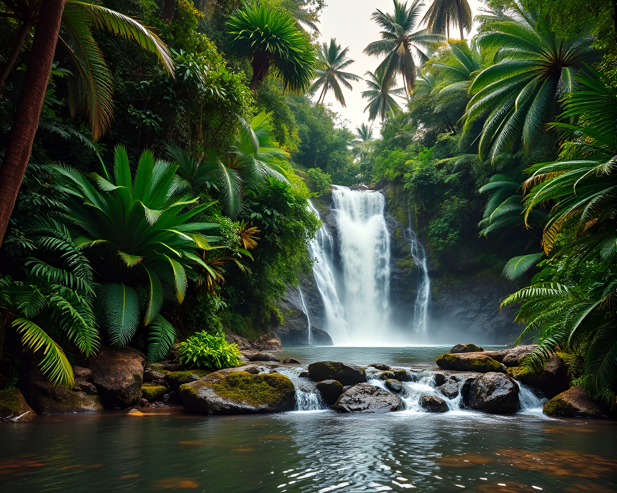 Tropical Waterfall in Dramatic 8-Bit Style Angled View – free AI stock image