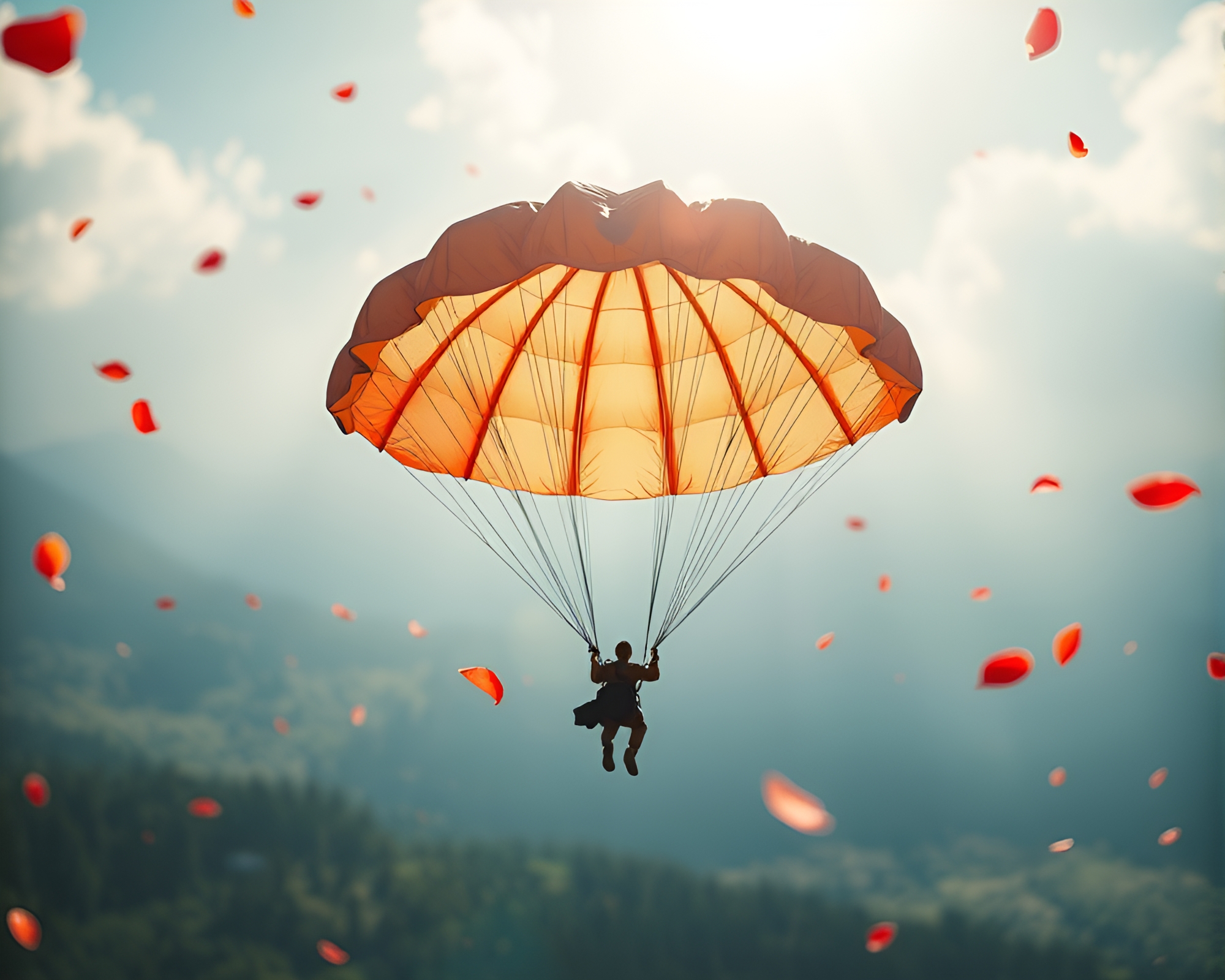 Parachute Jumper in Origami Flower Petal Sky – free AI stock image