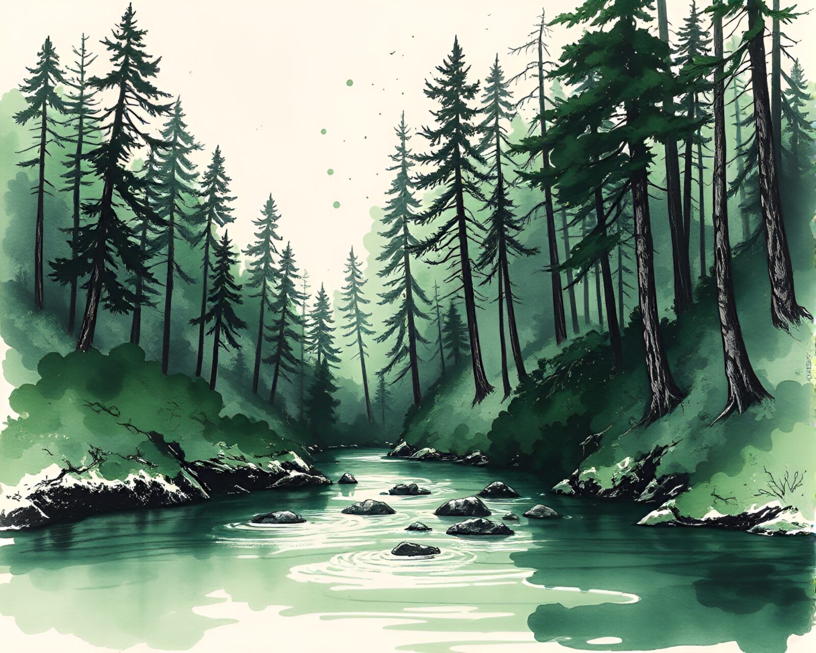 Etched ink splashes in a mystical green forest river