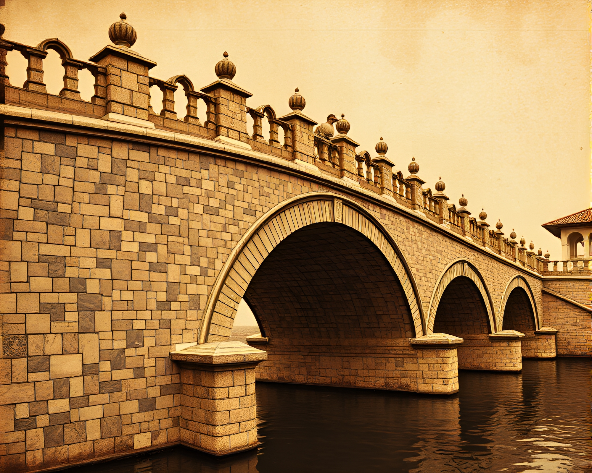 Sepia Trompe-l’oeil Arch Bridge Mosaic Masterpiece – free AI stock image