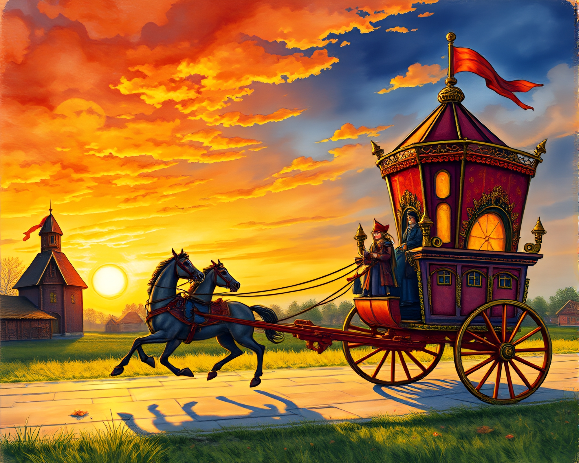 Whimsical Sunset Chariot Ride in Children’s Book Style – free AI stock image