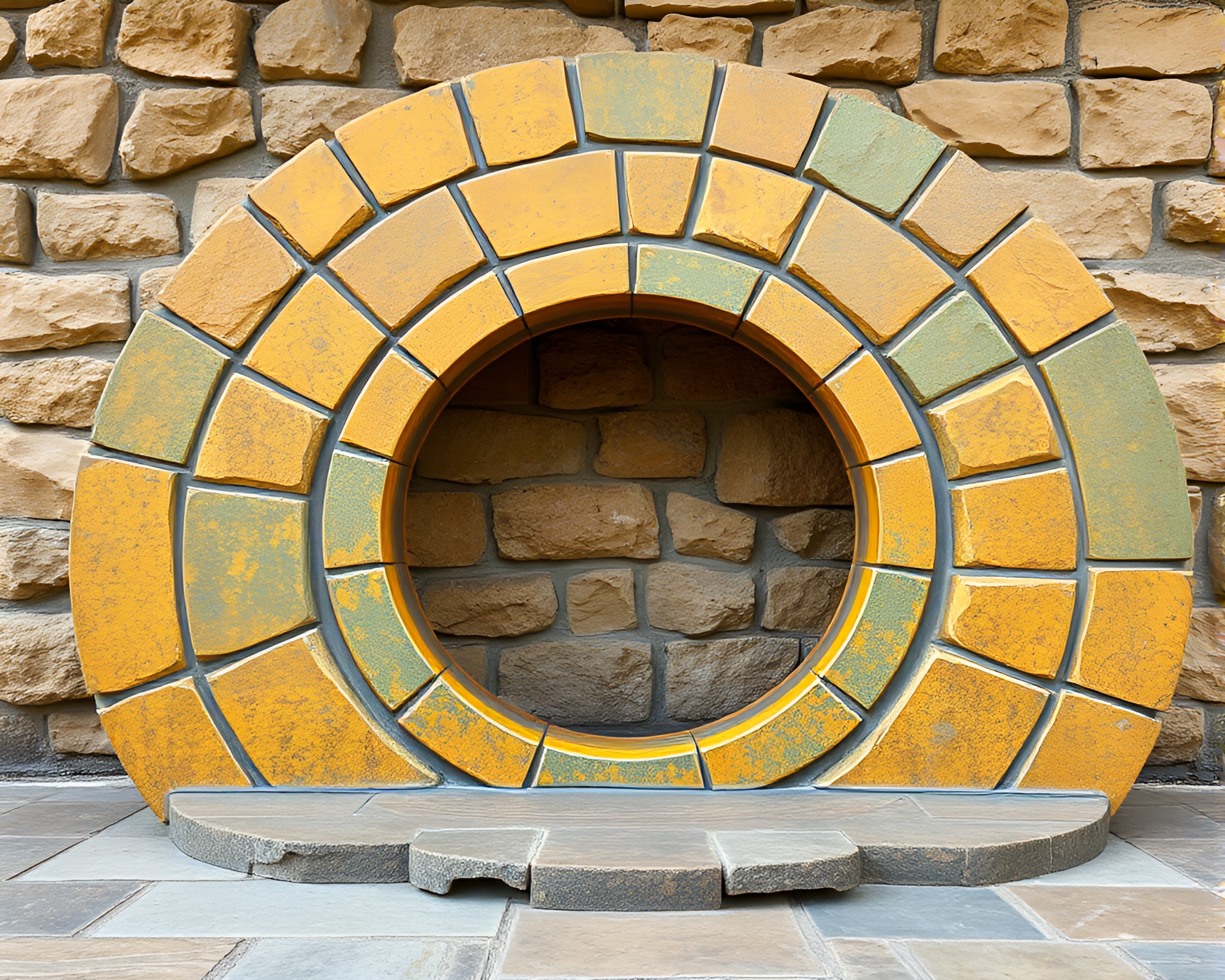 Copper Verdigris Stone Circle in Mustard Yellow Wireframe – free AI stock image