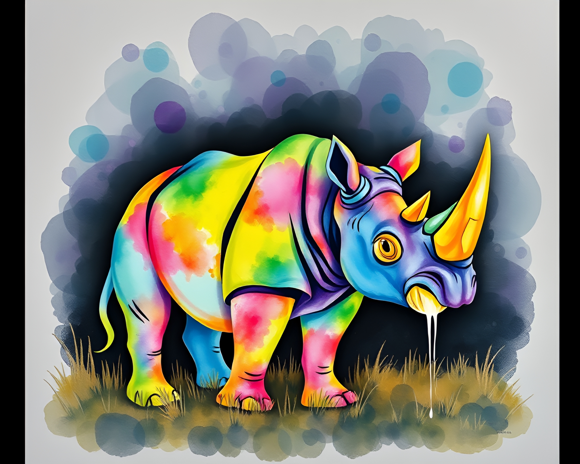 Mesmerizing Rhinoceros in Watercolor Glow-in-the-Dark – free AI stock image