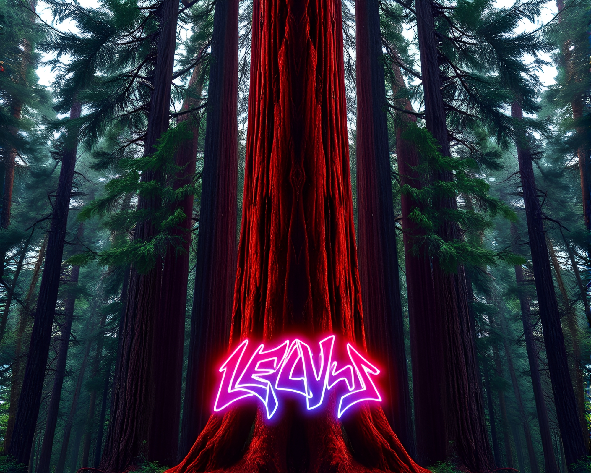 Symmetrical Neon Redwood Tree in CGI Fantasy World – free AI stock image