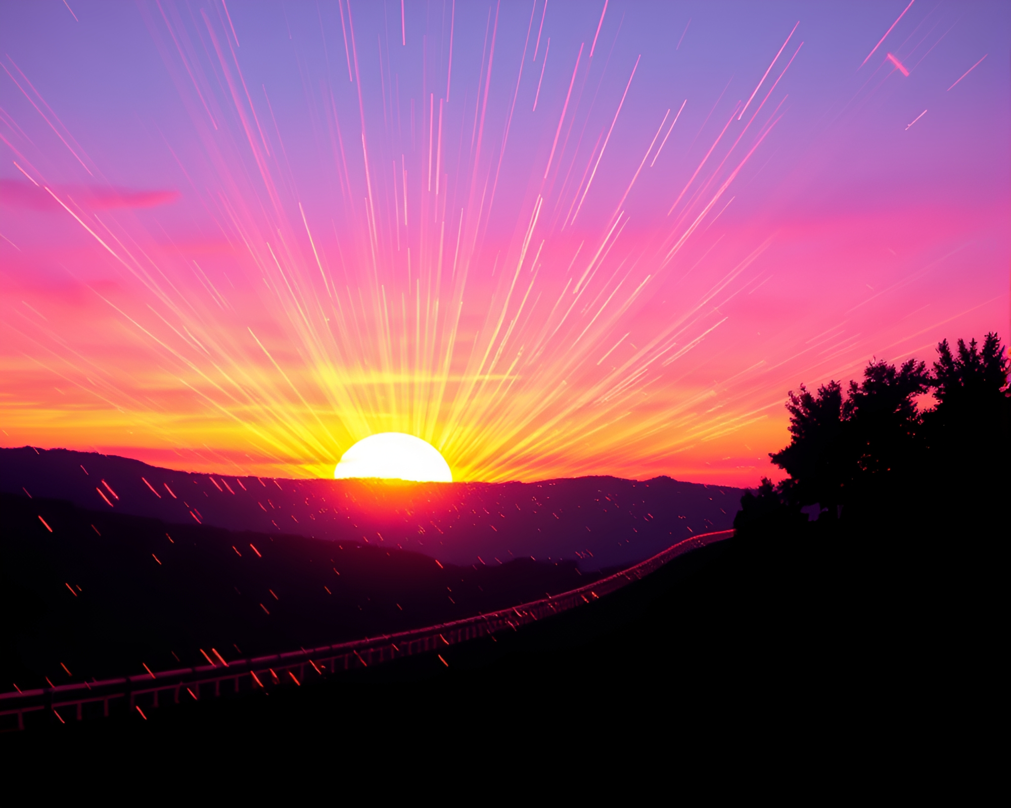 Vaporwave Sunset with Stipple Shaded Sparkler Trails – free AI stock image