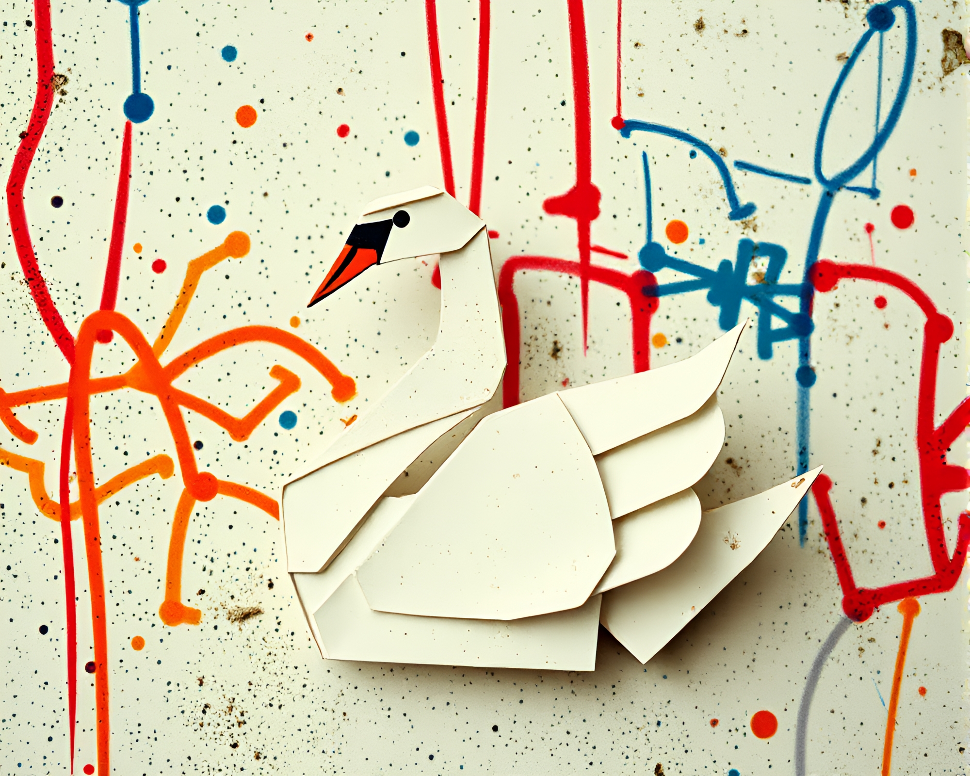 Origami Swan Amid Graffiti Art Stipple Composition – free AI stock image