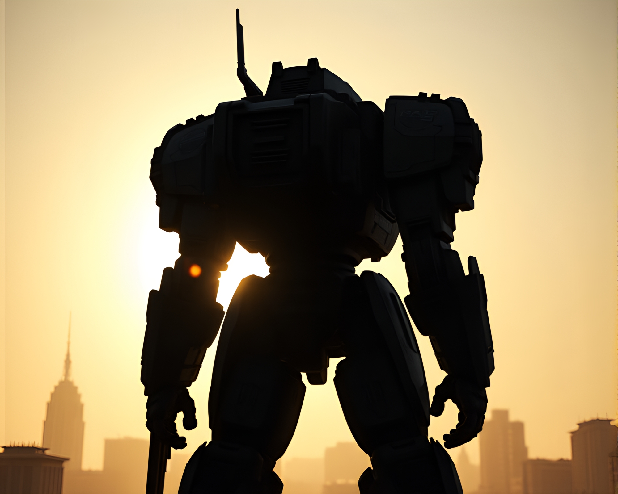 Backlit Battle Mech Silhouette in Architectural Render – free AI stock image