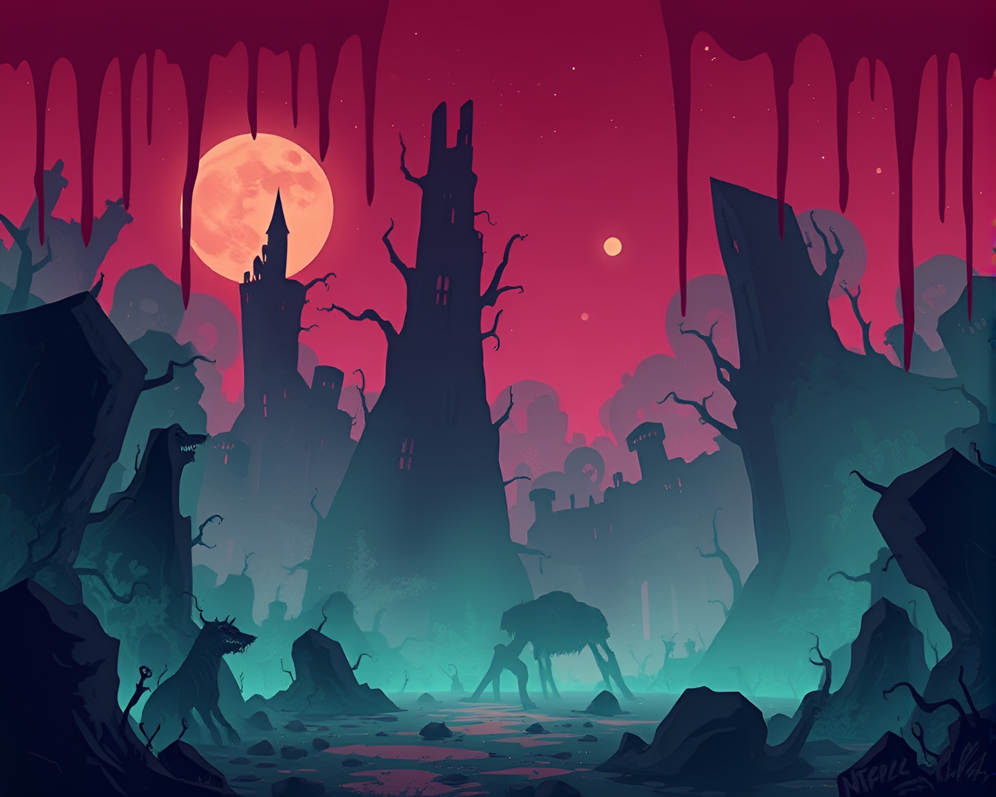 Graffiti Drips in Lovecraftian Twilight Cartoon – free AI stock image