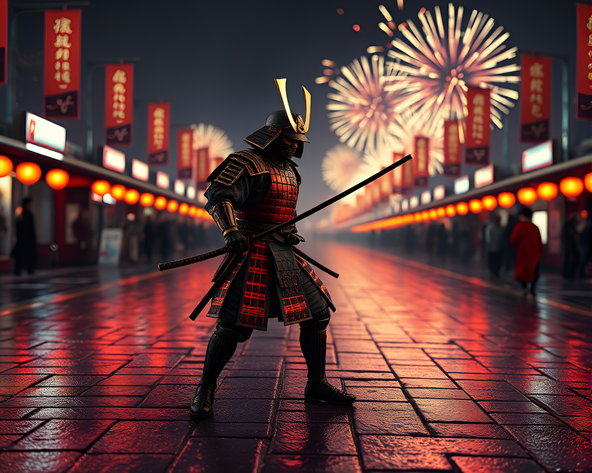 Samurai Warrior in Festival Fireworks Reflection on Wet Pavement – free AI stock image
