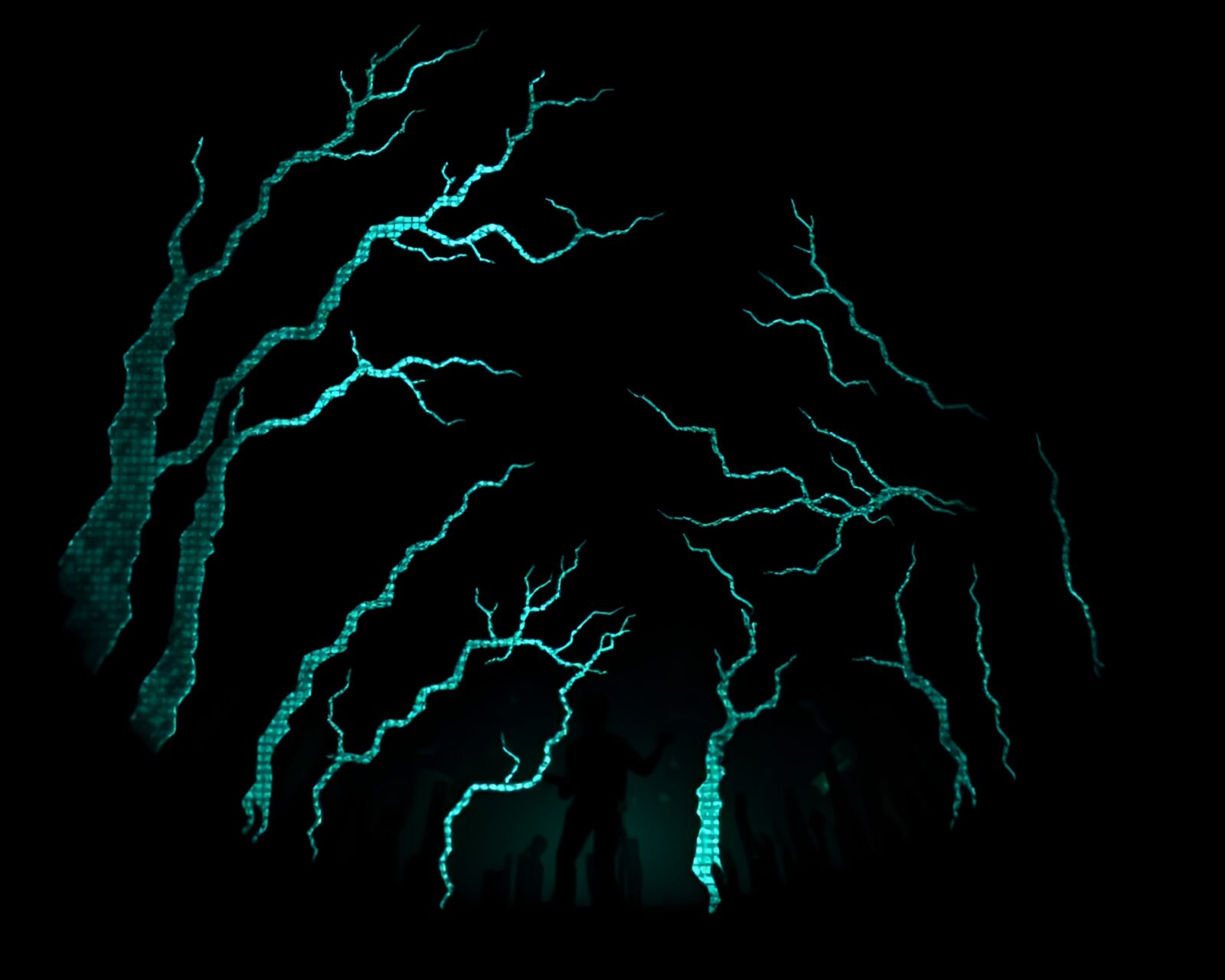 Dark silhouette of a banshee glowing in ASCII