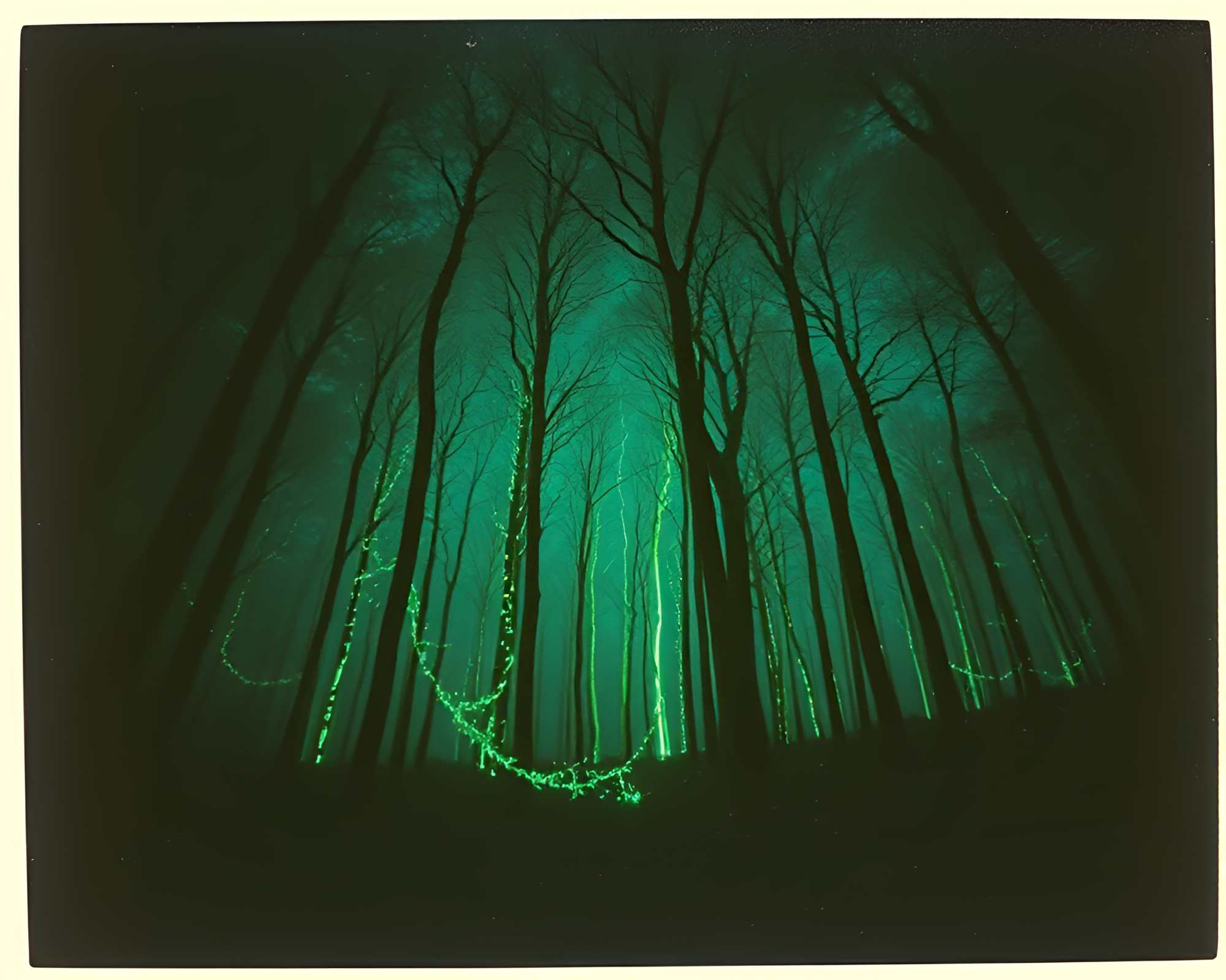 Glowing Bioluminescent Forest Through Vintage Lens – free AI stock image