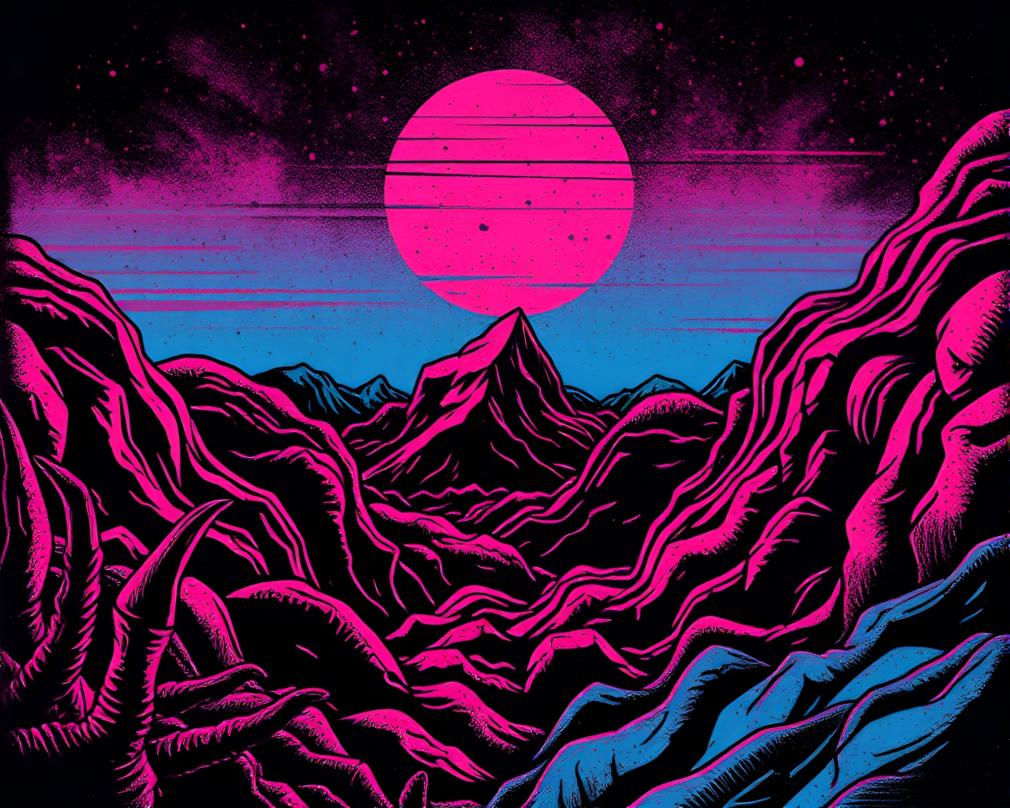 Synthwave Neon Cityscape in Linocut Tattoo Style – free AI stock image