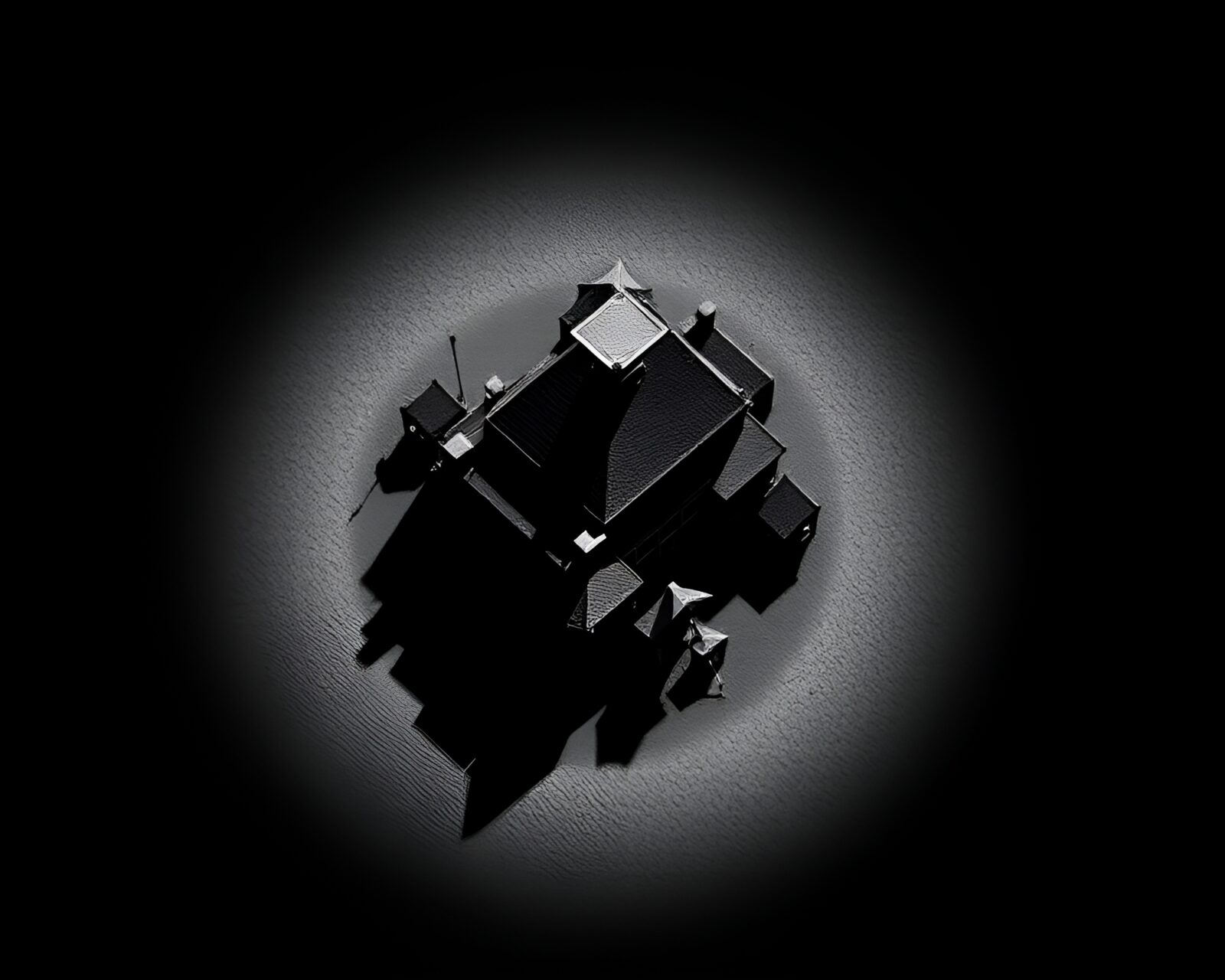Stipple shaded bird's eye view of dwarf community under eclipse