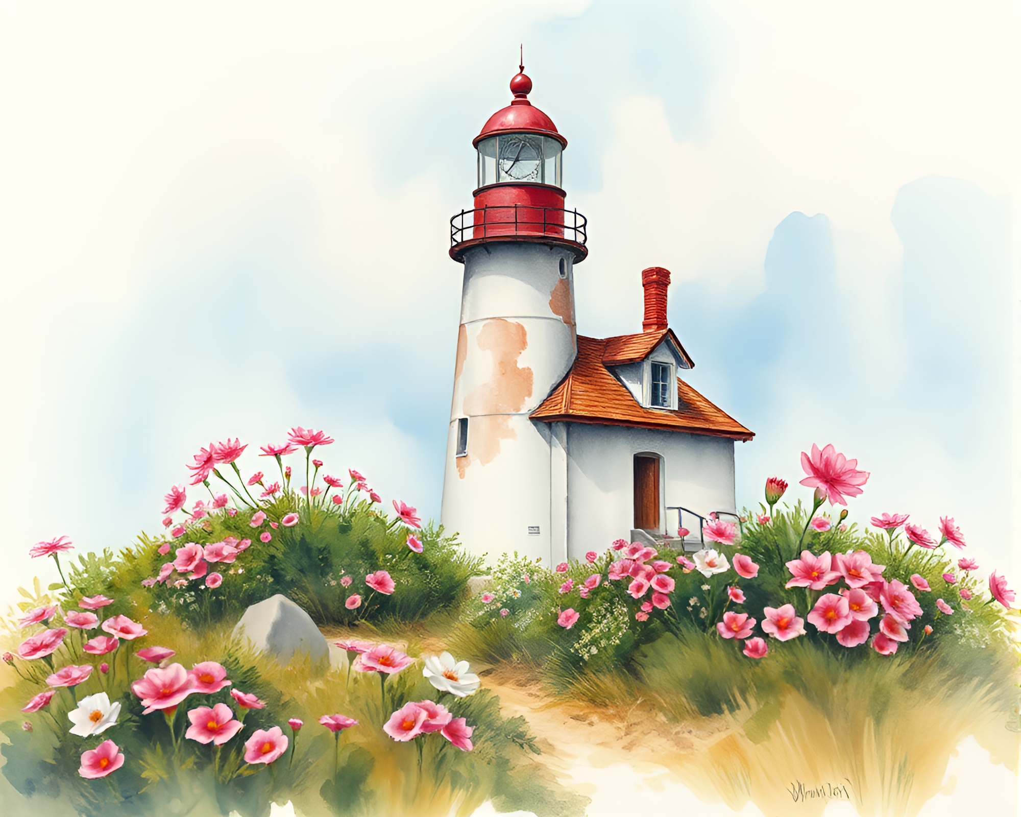 Vibrant Watercolor Blooms in Abandoned Lighthouse Fresco – free AI stock image
