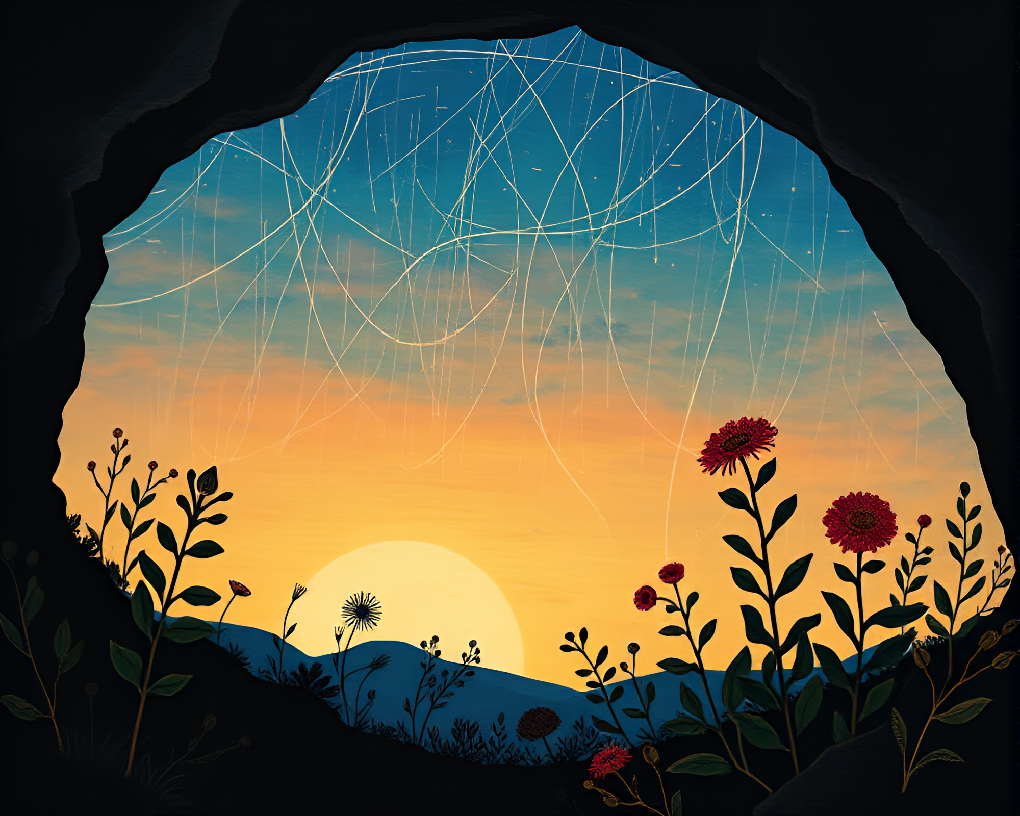 Twilight Botanical Cave Painting with Metallic Scratches – free AI stock image