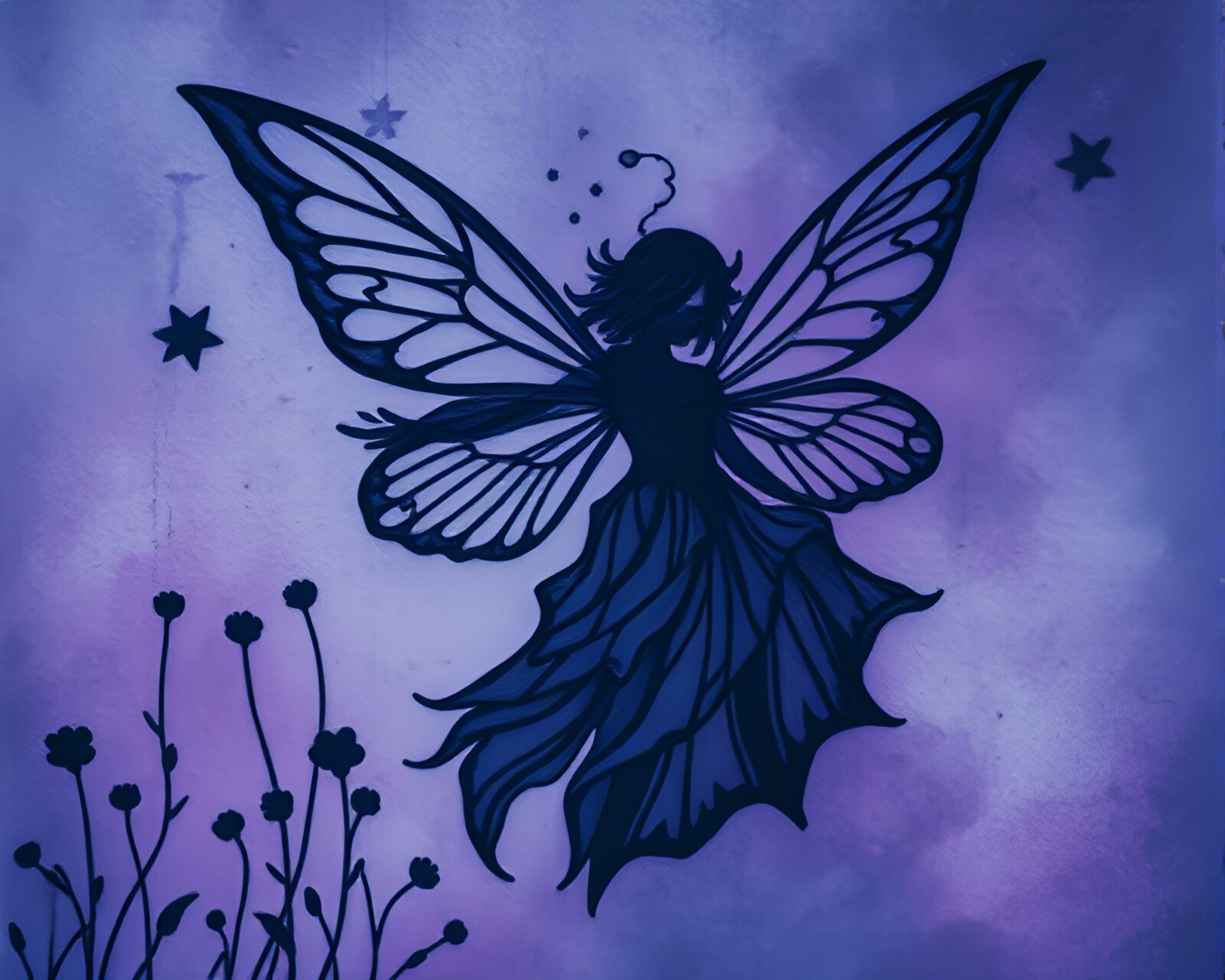 Hatching style fairy in textured indigo forest landscape